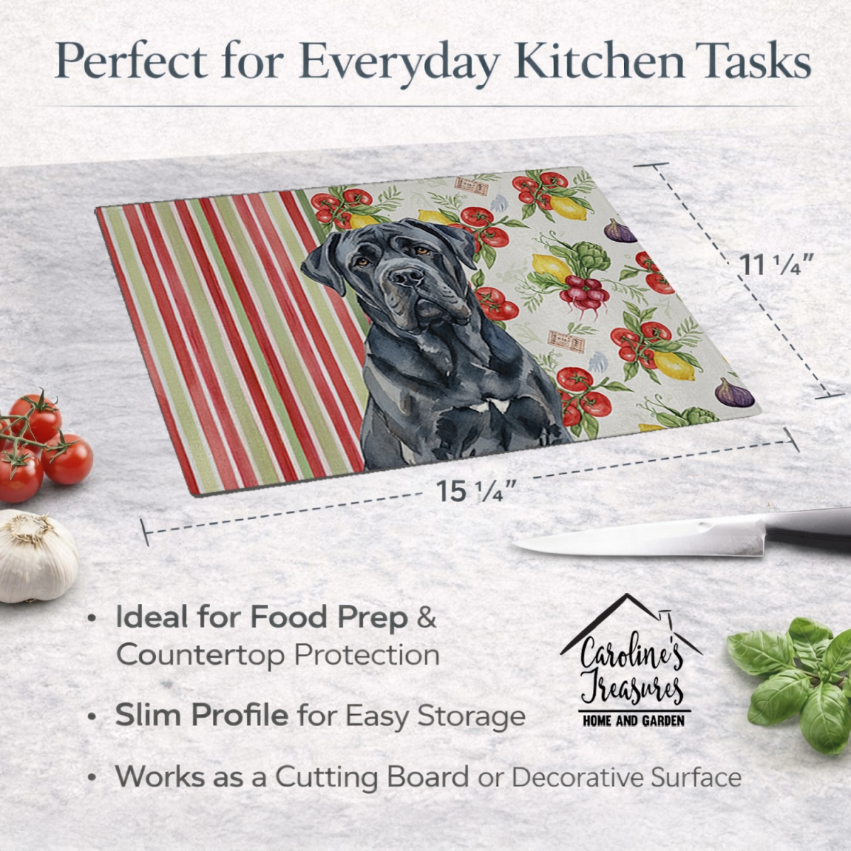 Picture of Carolines Treasures WDK8321LCB 11.25 x 15.25 in. Black Neapolitan Mastiff Vegetables Glass Cutting Board