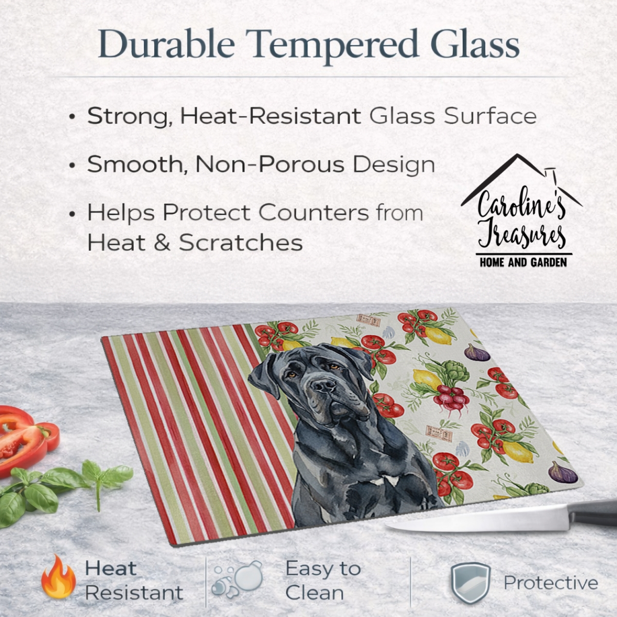 Picture of Carolines Treasures WDK8321LCB 11.25 x 15.25 in. Black Neapolitan Mastiff Vegetables Glass Cutting Board