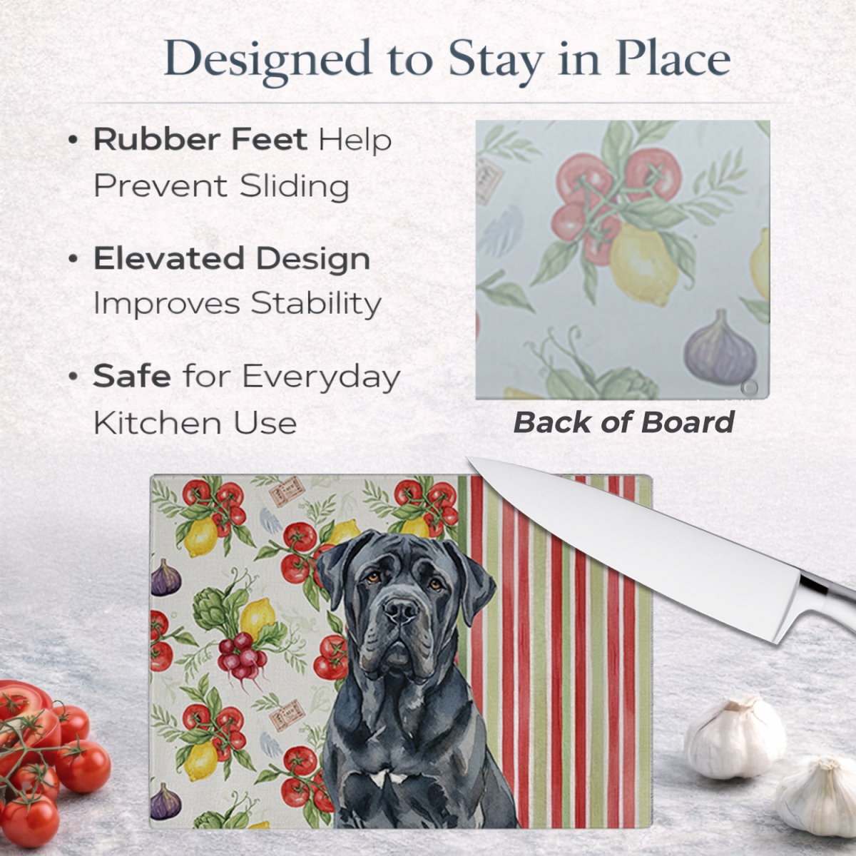 Picture of Carolines Treasures WDK8321LCB 11.25 x 15.25 in. Black Neapolitan Mastiff Vegetables Glass Cutting Board