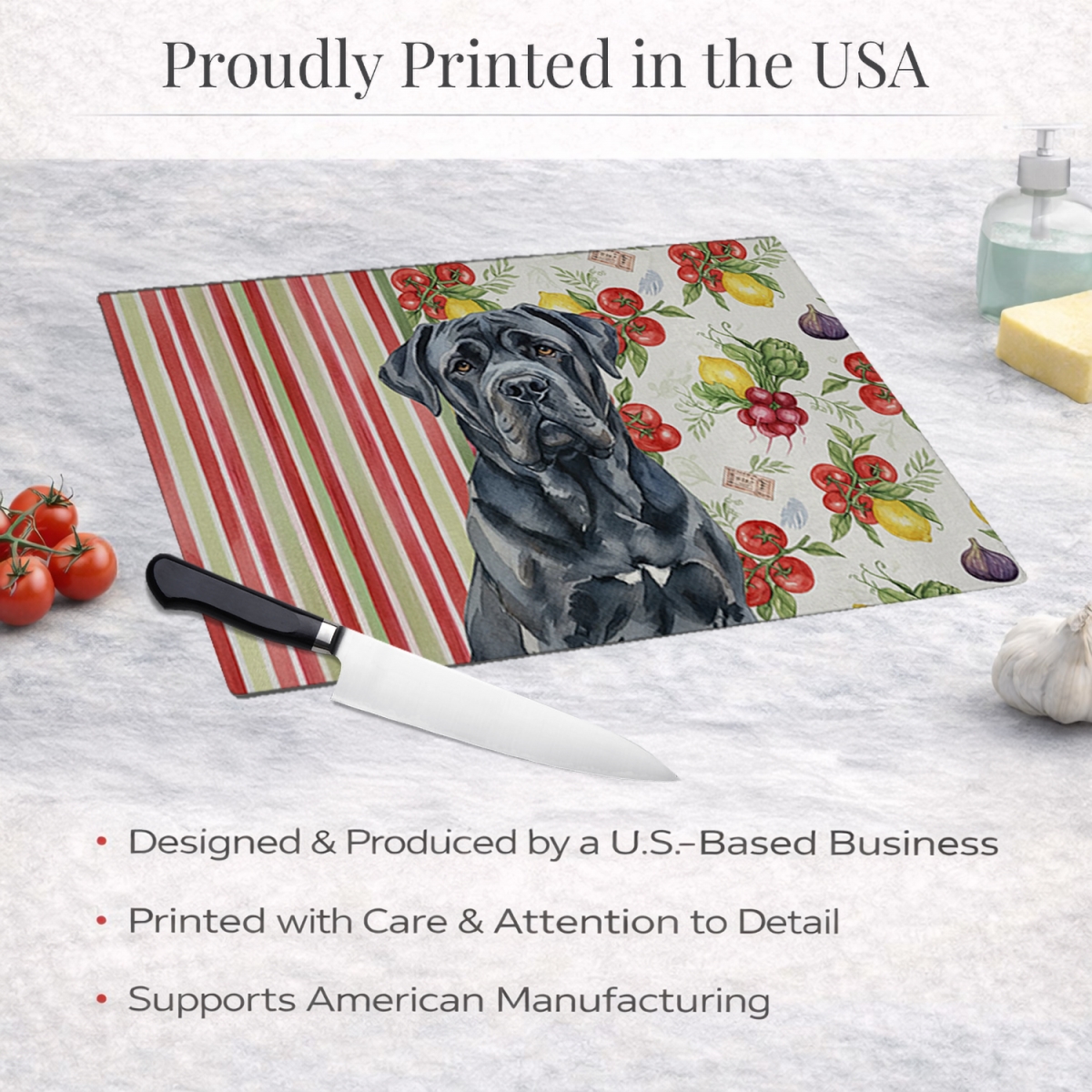 Picture of Carolines Treasures WDK8321LCB 11.25 x 15.25 in. Black Neapolitan Mastiff Vegetables Glass Cutting Board