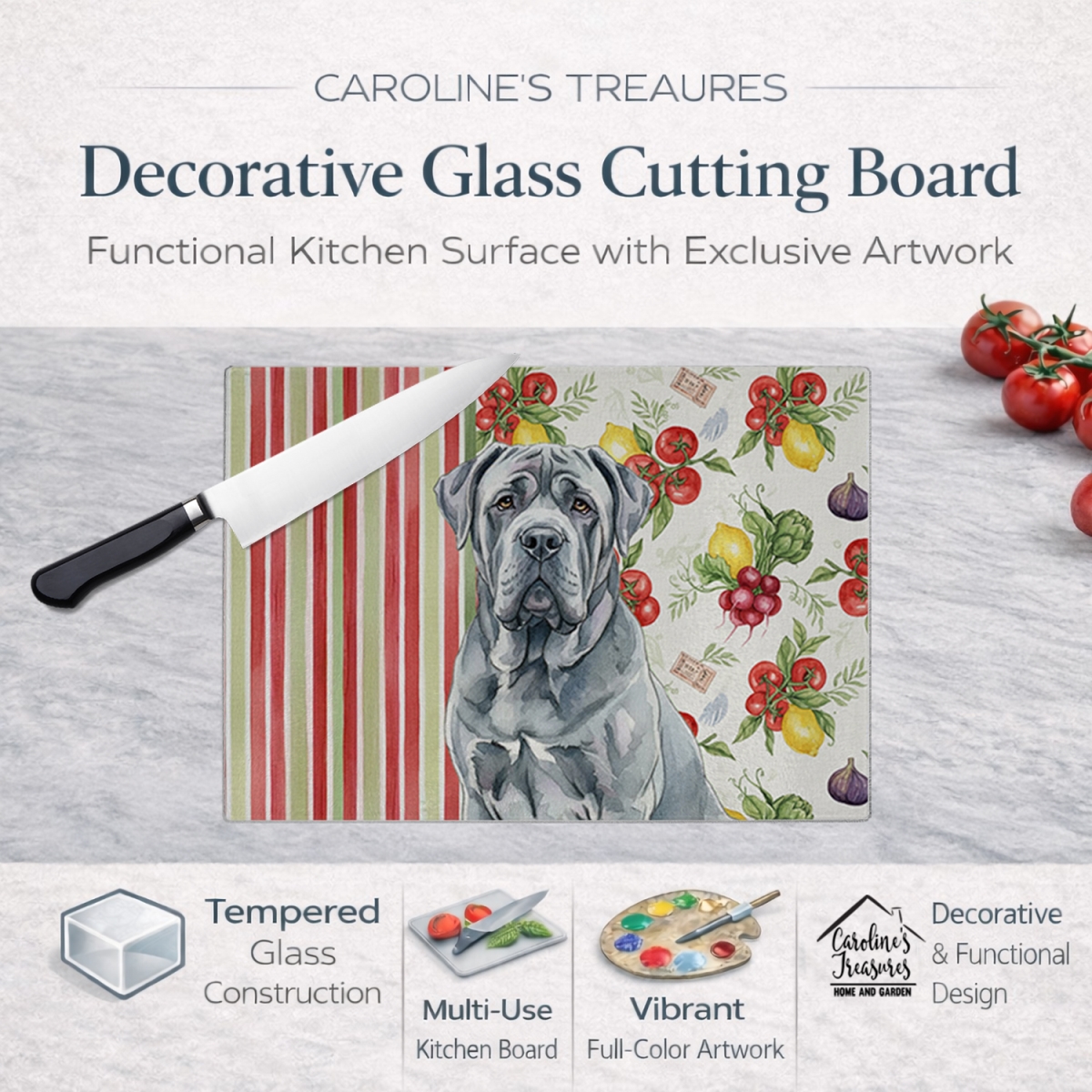 Picture of Carolines Treasures WDK8322LCB 11.25 x 15.25 in. Blue Neapolitan Mastiff Vegetables Glass Cutting Board