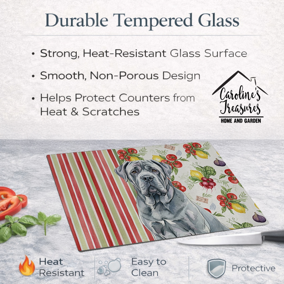 Picture of Carolines Treasures WDK8322LCB 11.25 x 15.25 in. Blue Neapolitan Mastiff Vegetables Glass Cutting Board