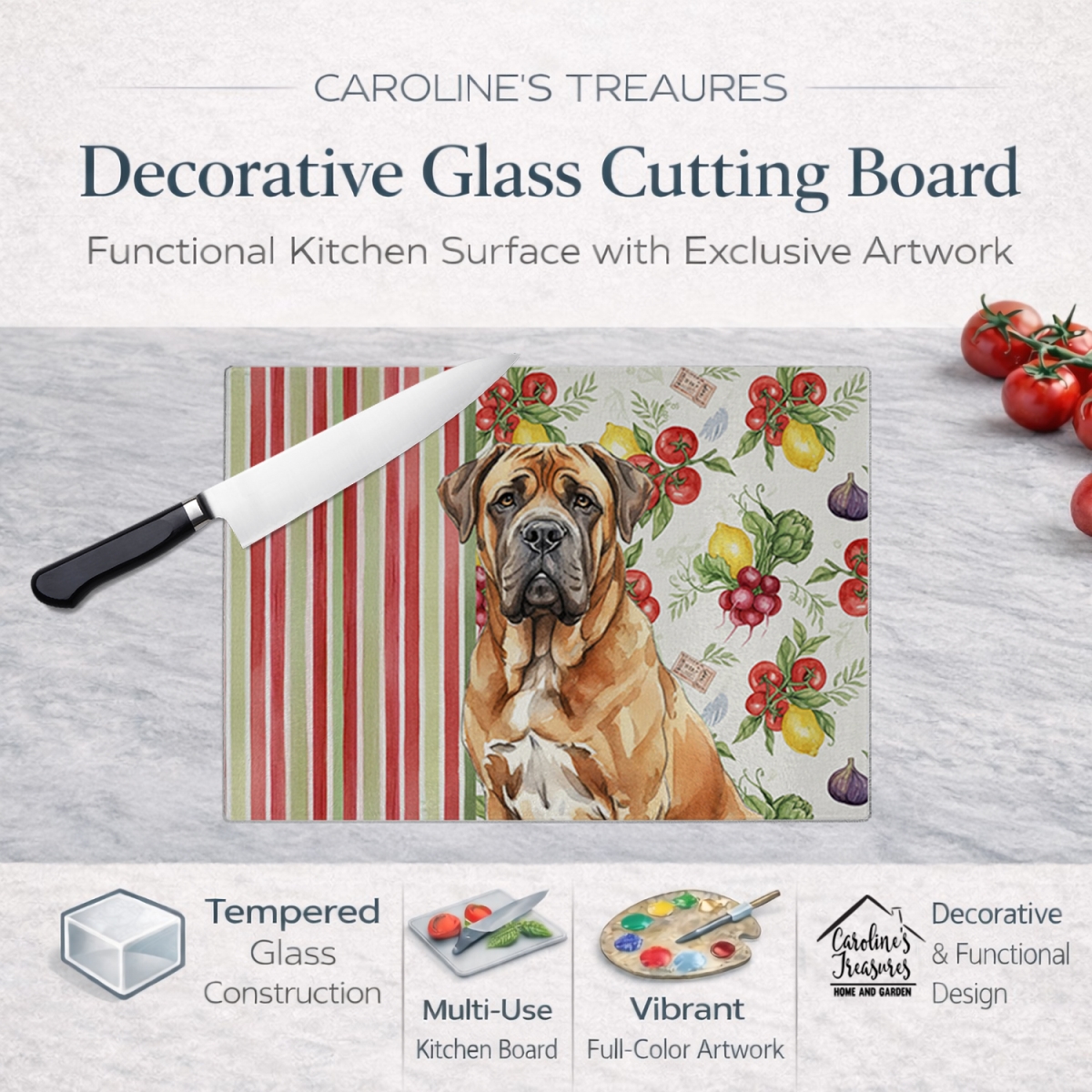Picture of Carolines Treasures WDK8323LCB 11.25 x 15.25 in. Neapolitan Mastiff Vegetables Glass Cutting Board