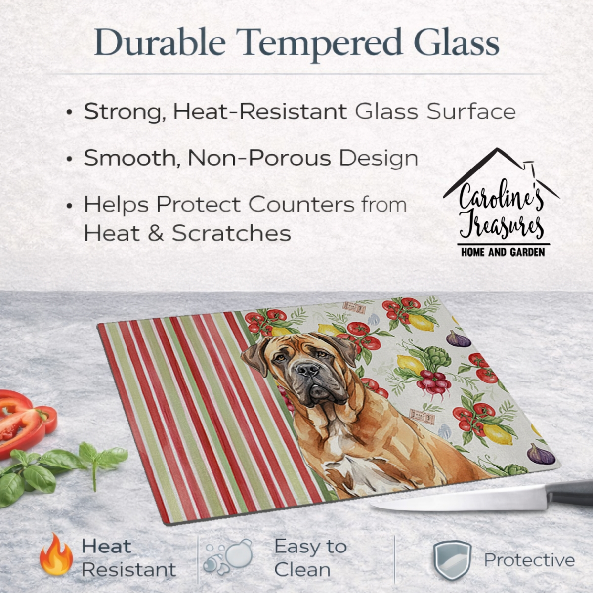 Picture of Carolines Treasures WDK8323LCB 11.25 x 15.25 in. Neapolitan Mastiff Vegetables Glass Cutting Board