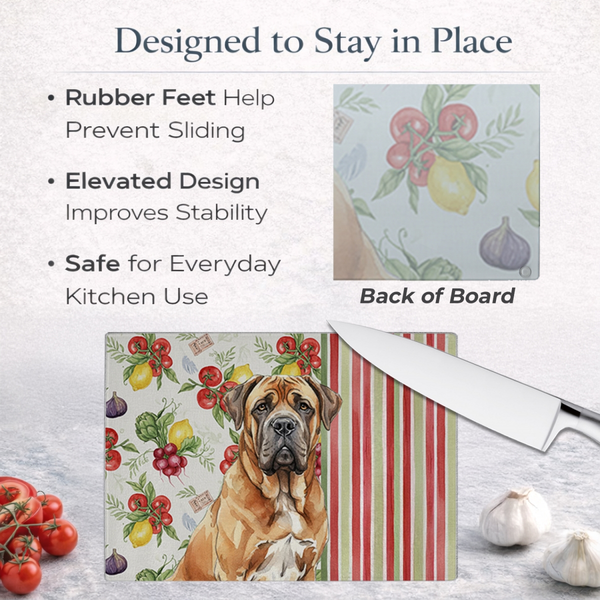 Picture of Carolines Treasures WDK8323LCB 11.25 x 15.25 in. Neapolitan Mastiff Vegetables Glass Cutting Board