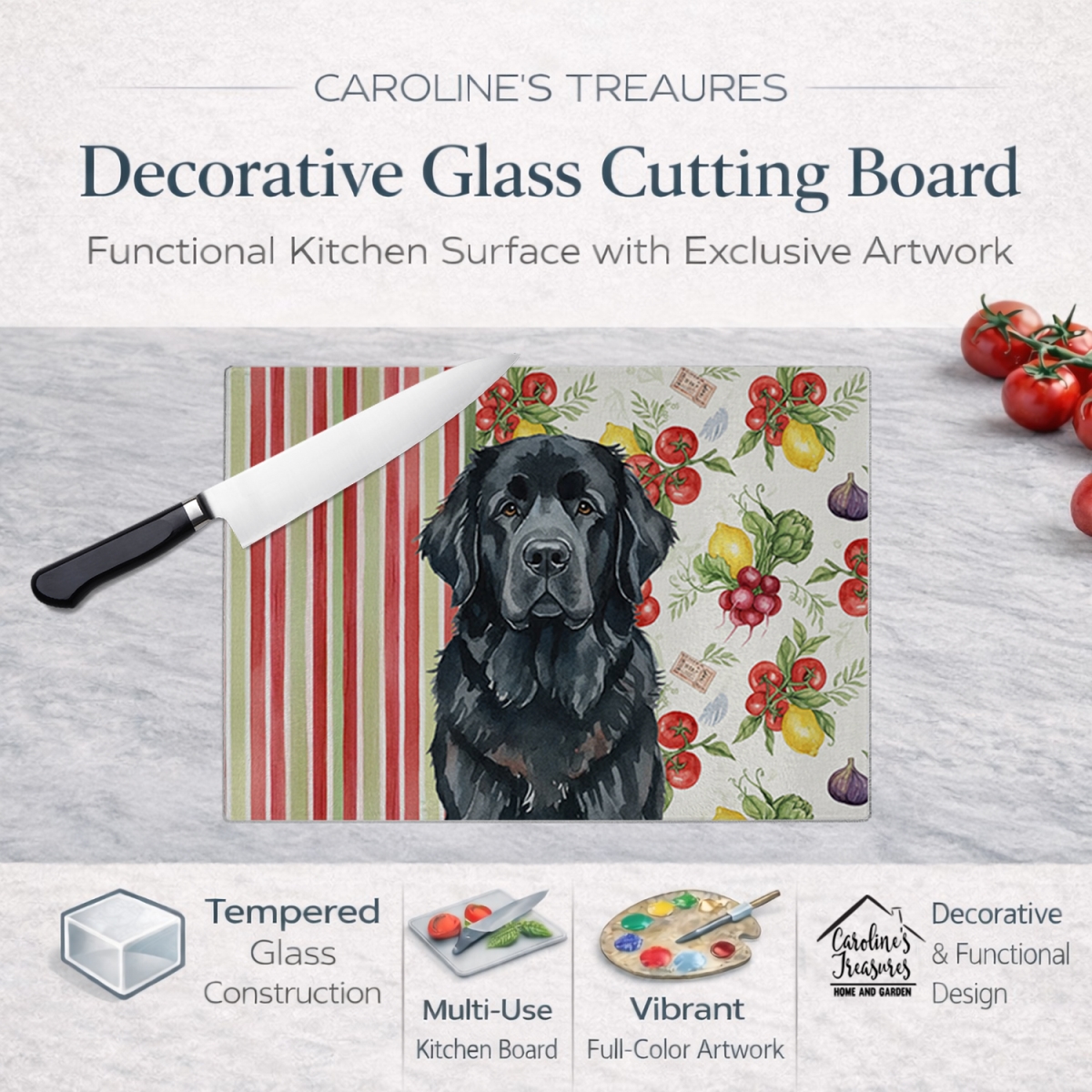 Picture of Carolines Treasures WDK8324LCB 11.25 x 15.25 in. Black  foundland Vegetables Glass Cutting Board