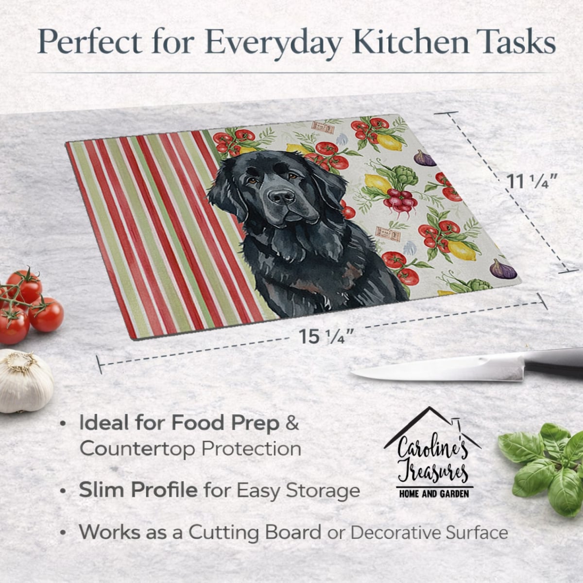 Picture of Carolines Treasures WDK8324LCB 11.25 x 15.25 in. Black  foundland Vegetables Glass Cutting Board