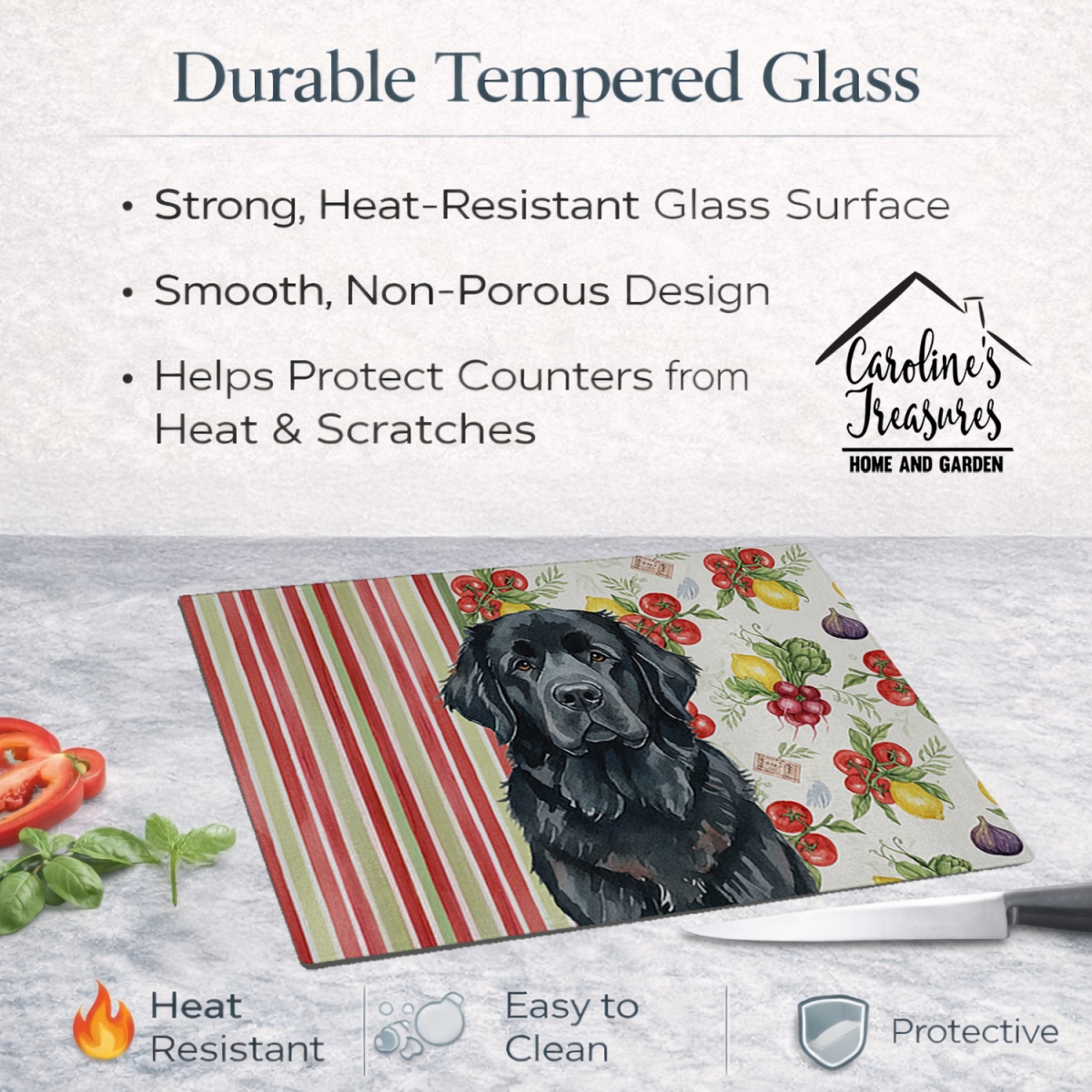 Picture of Carolines Treasures WDK8324LCB 11.25 x 15.25 in. Black  foundland Vegetables Glass Cutting Board