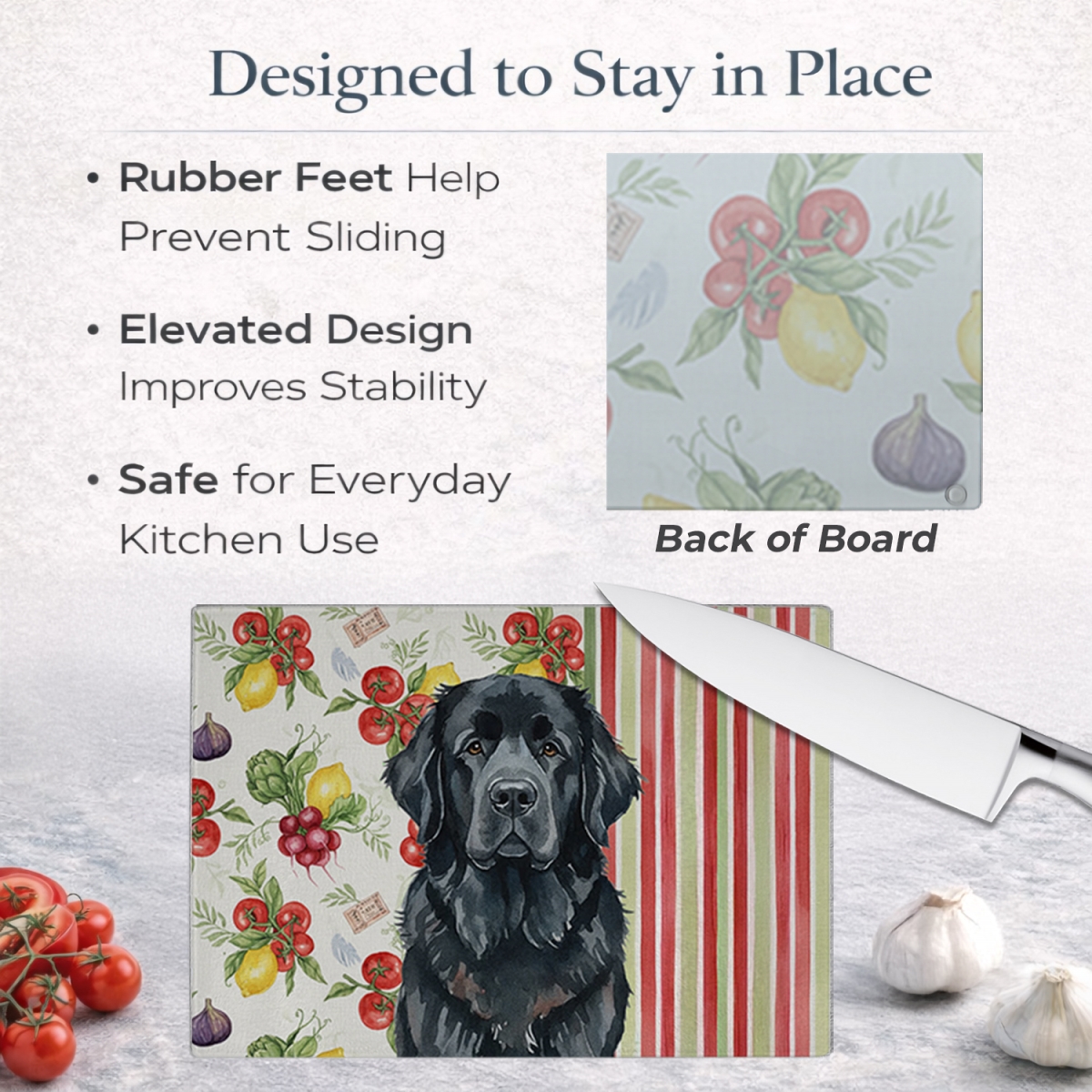 Picture of Carolines Treasures WDK8324LCB 11.25 x 15.25 in. Black  foundland Vegetables Glass Cutting Board