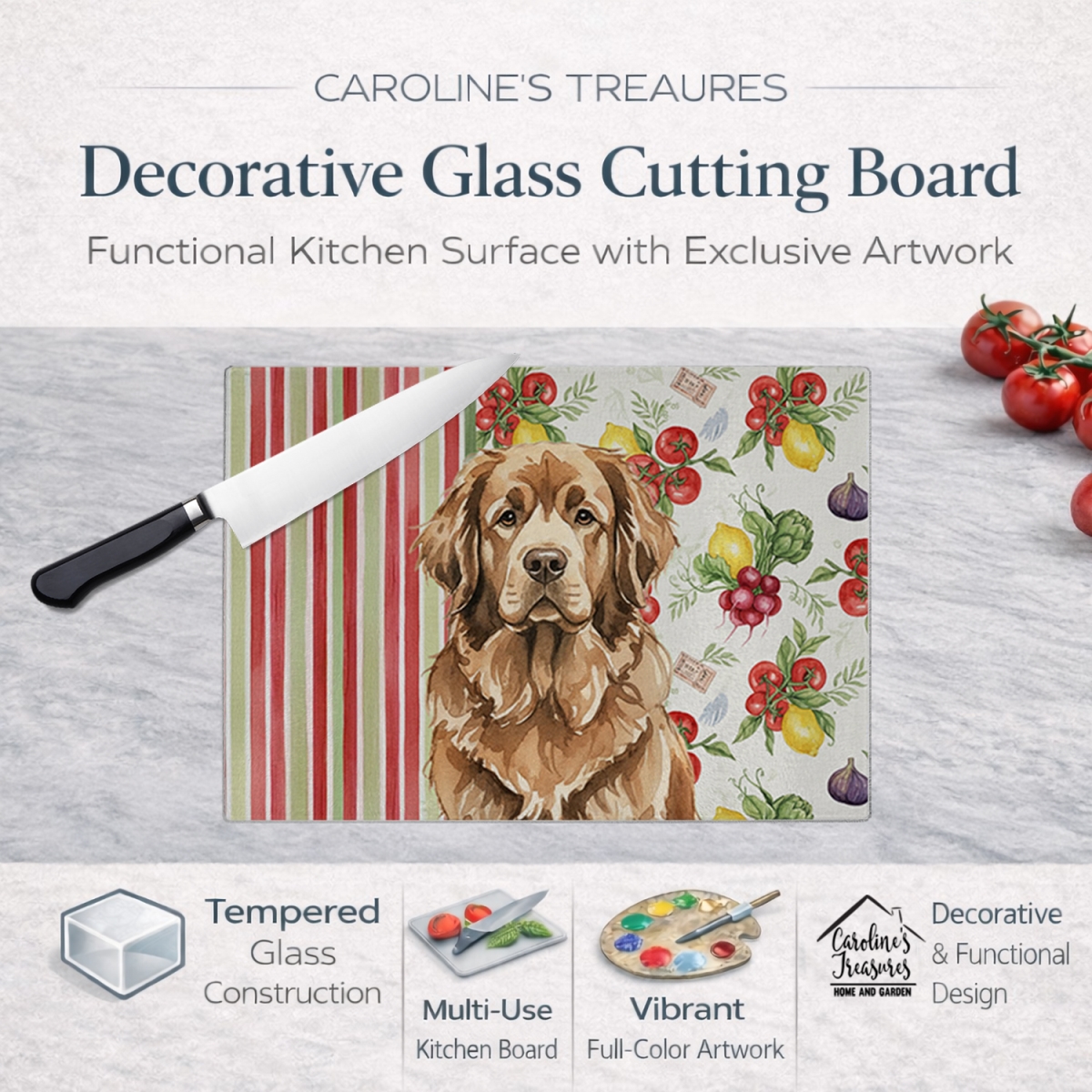 Picture of Carolines Treasures WDK8325LCB 11.25 x 15.25 in. Brown  foundland Vegetables Glass Cutting Board
