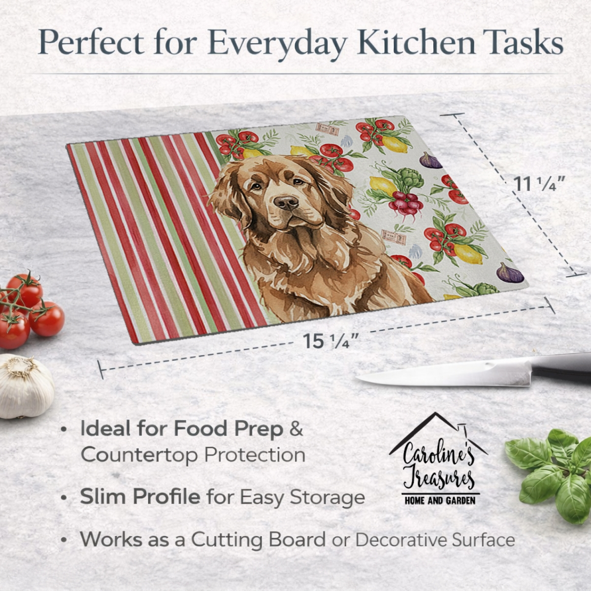 Picture of Carolines Treasures WDK8325LCB 11.25 x 15.25 in. Brown  foundland Vegetables Glass Cutting Board
