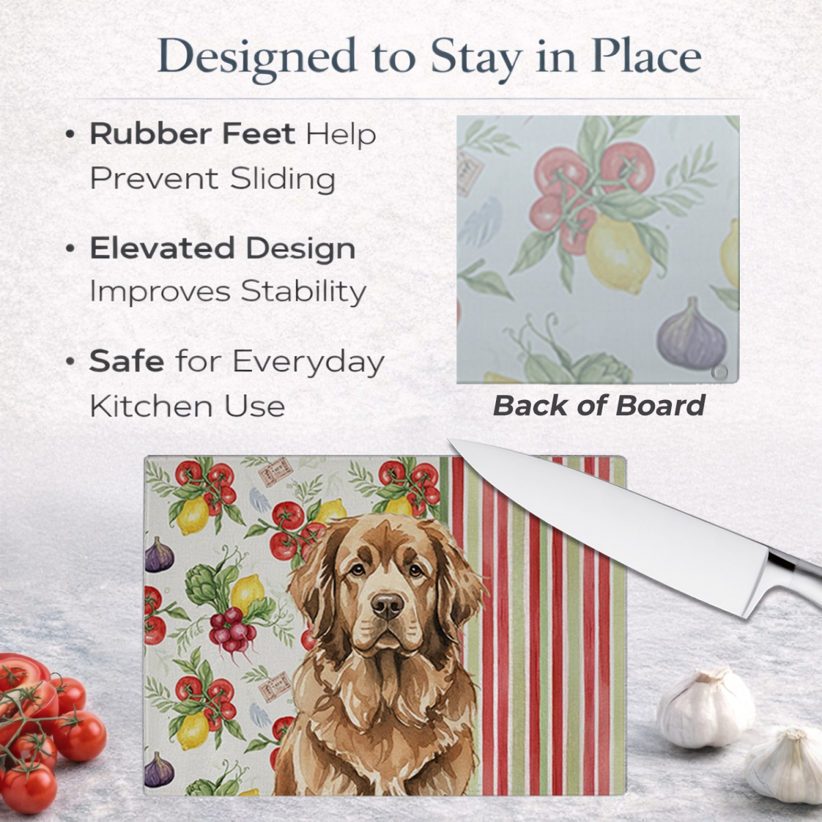 Picture of Carolines Treasures WDK8325LCB 11.25 x 15.25 in. Brown  foundland Vegetables Glass Cutting Board