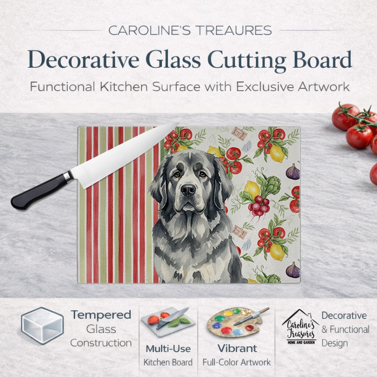 Picture of Carolines Treasures WDK8326LCB 11.25 x 15.25 in. Gray  foundland Vegetables Glass Cutting Board