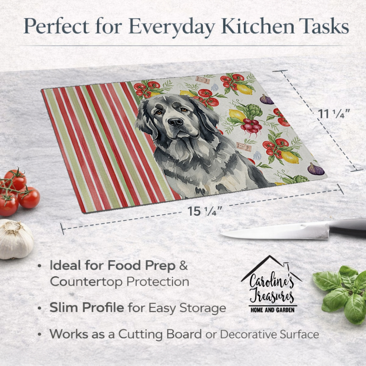 Picture of Carolines Treasures WDK8326LCB 11.25 x 15.25 in. Gray  foundland Vegetables Glass Cutting Board