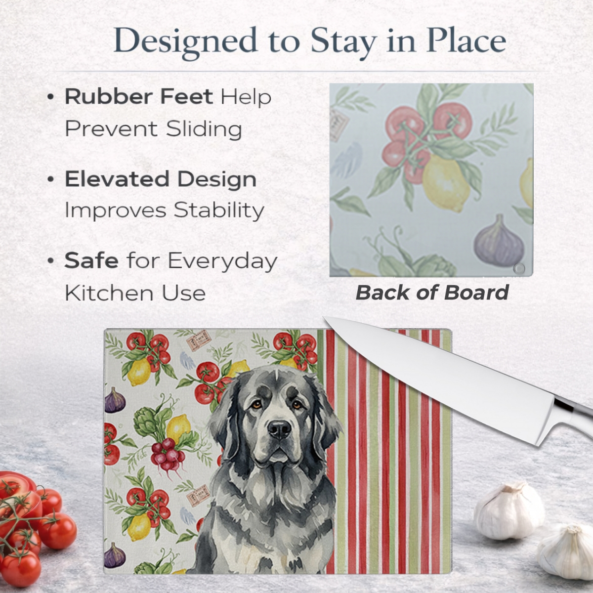 Picture of Carolines Treasures WDK8326LCB 11.25 x 15.25 in. Gray  foundland Vegetables Glass Cutting Board