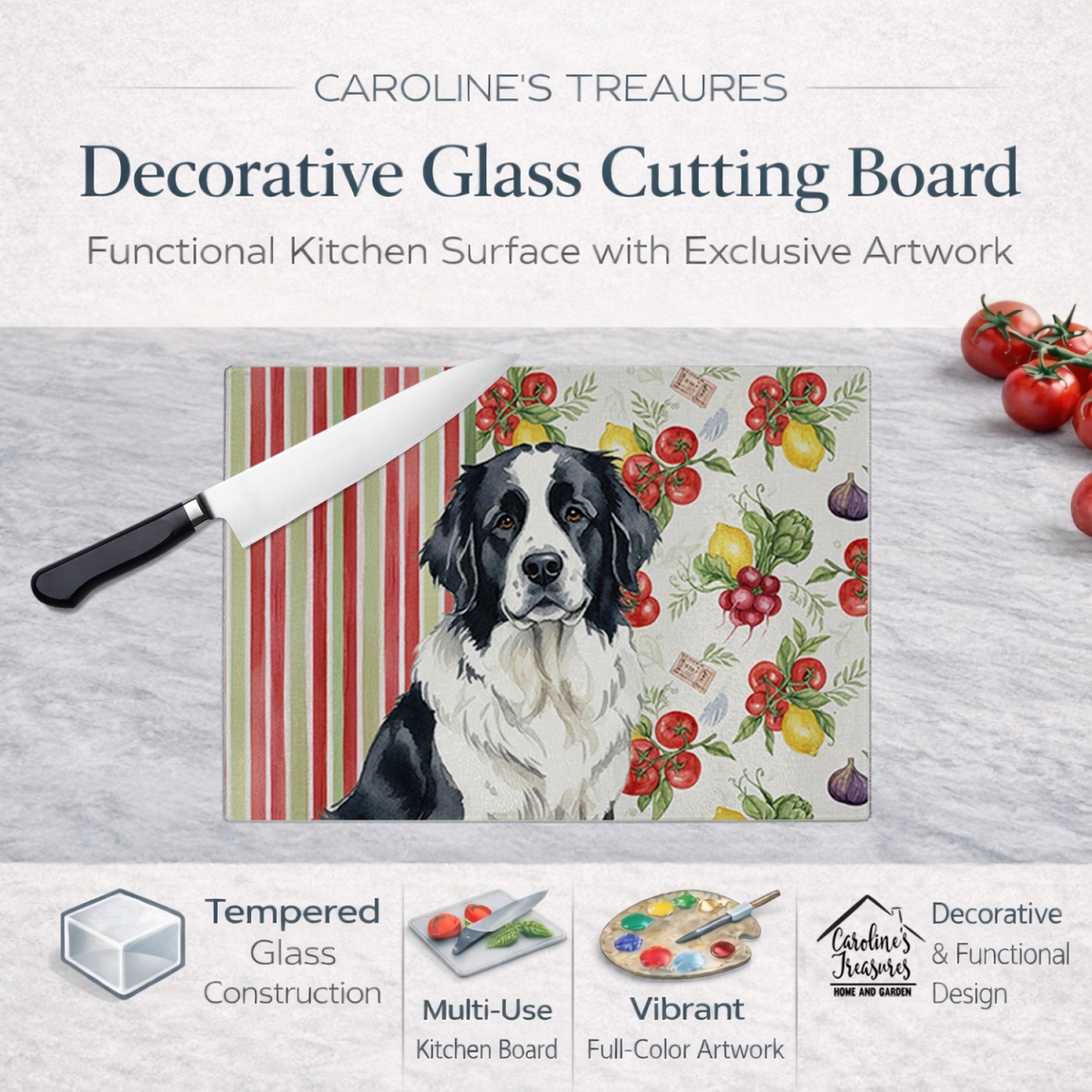 Picture of Carolines Treasures WDK8327LCB 11.25 x 15.25 in. Landseer  foundland Vegetables Glass Cutting Board