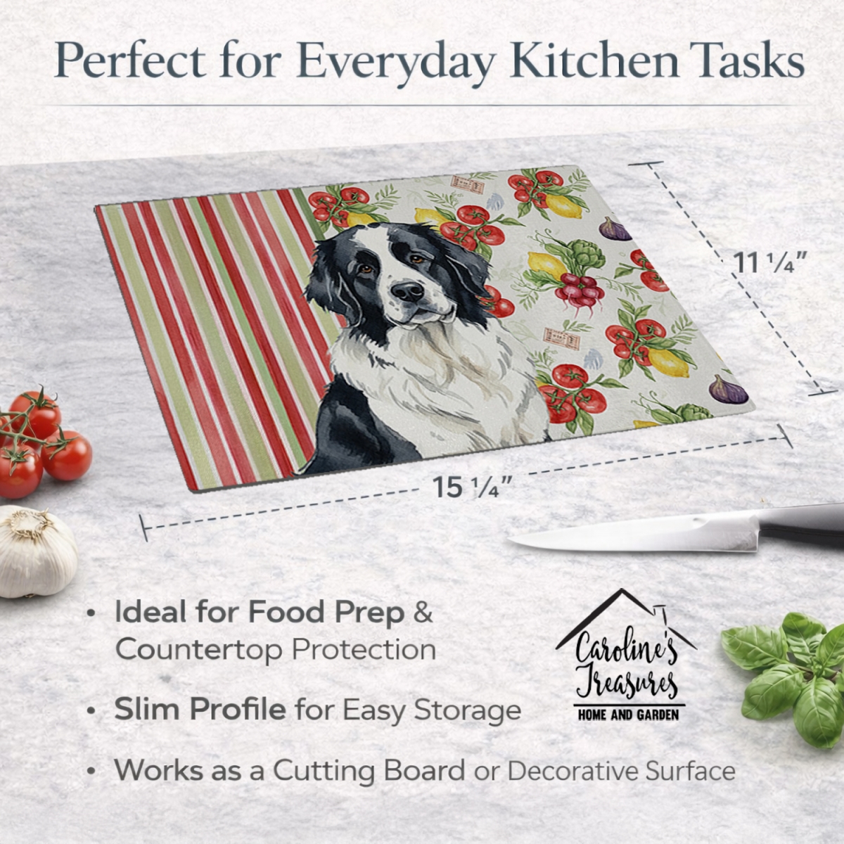 Picture of Carolines Treasures WDK8327LCB 11.25 x 15.25 in. Landseer  foundland Vegetables Glass Cutting Board