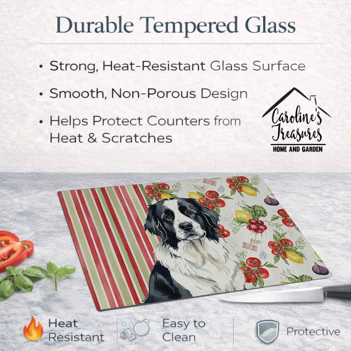 Picture of Carolines Treasures WDK8327LCB 11.25 x 15.25 in. Landseer  foundland Vegetables Glass Cutting Board