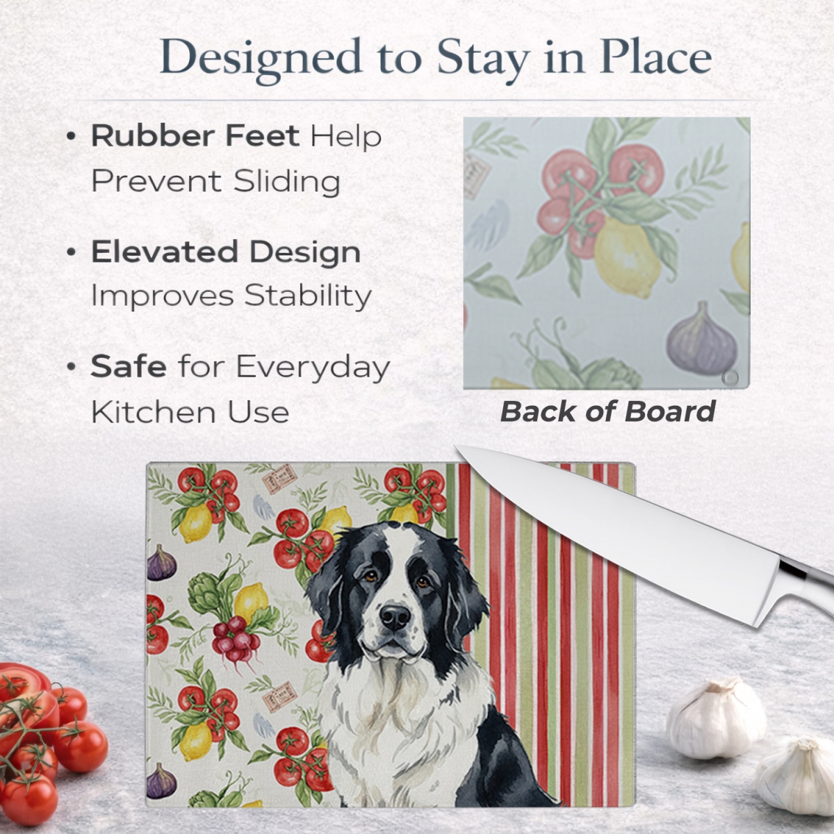 Picture of Carolines Treasures WDK8327LCB 11.25 x 15.25 in. Landseer  foundland Vegetables Glass Cutting Board