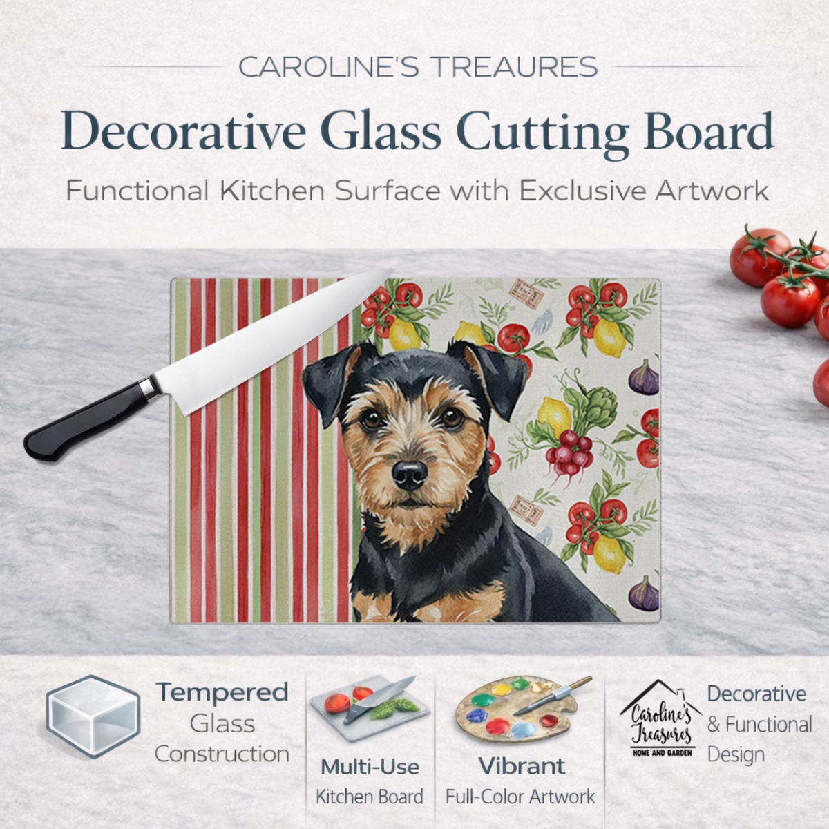 Picture of Carolines Treasures WDK8328LCB 11.25 x 15.25 in. Black & Tan Norfolk Terrier Vegetables Glass Cutting Board