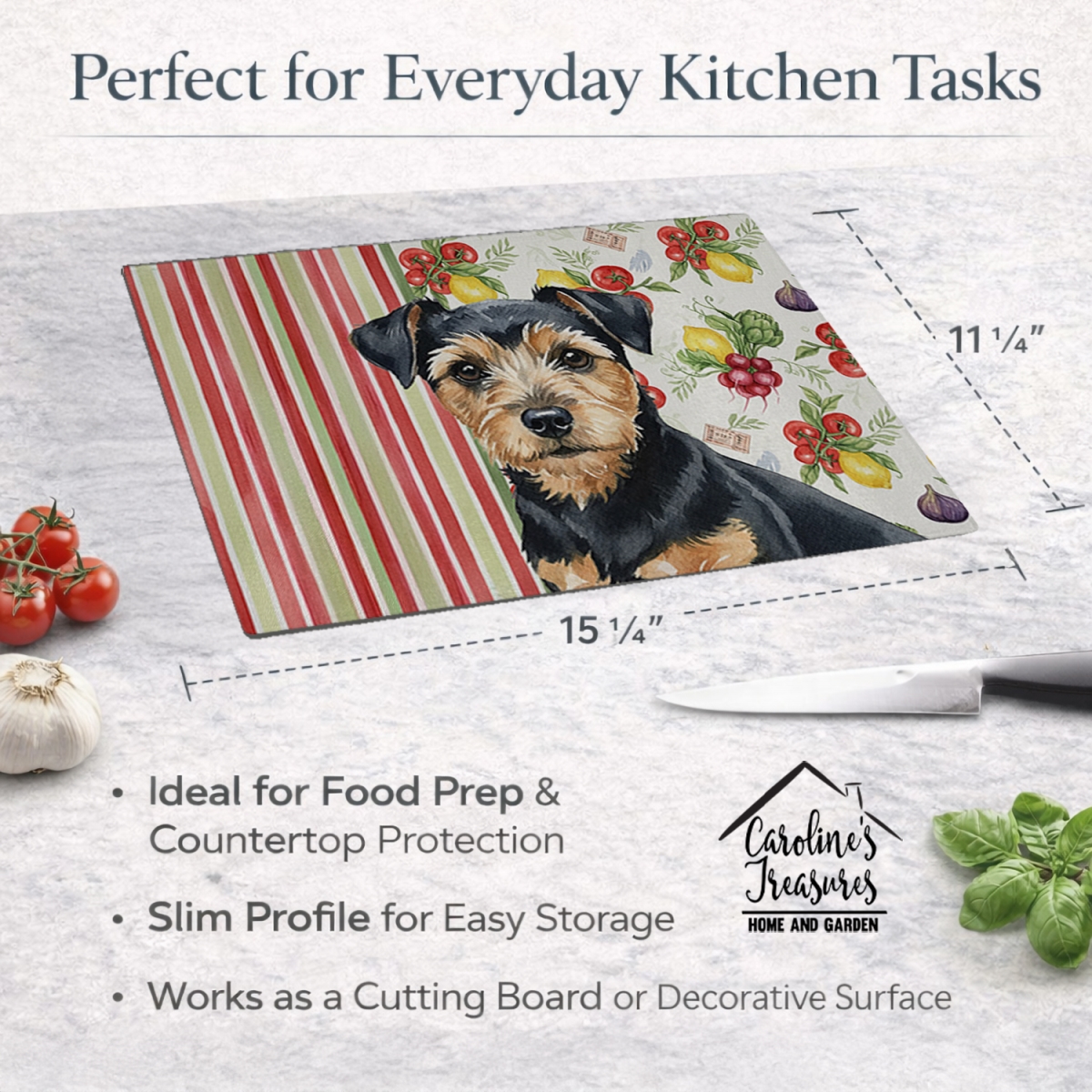 Picture of Carolines Treasures WDK8328LCB 11.25 x 15.25 in. Black & Tan Norfolk Terrier Vegetables Glass Cutting Board