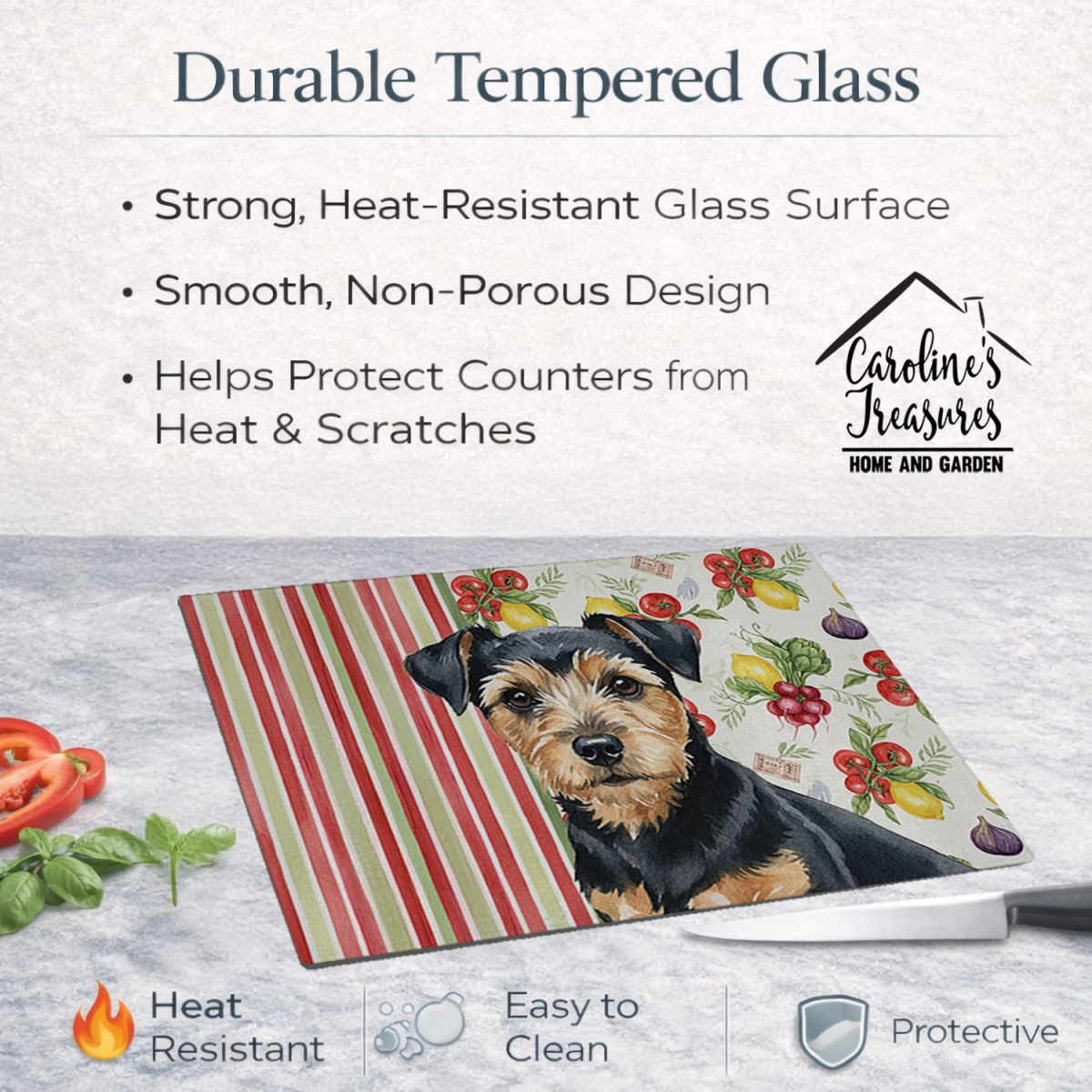 Picture of Carolines Treasures WDK8328LCB 11.25 x 15.25 in. Black & Tan Norfolk Terrier Vegetables Glass Cutting Board