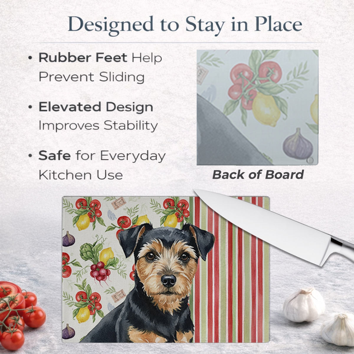 Picture of Carolines Treasures WDK8328LCB 11.25 x 15.25 in. Black & Tan Norfolk Terrier Vegetables Glass Cutting Board
