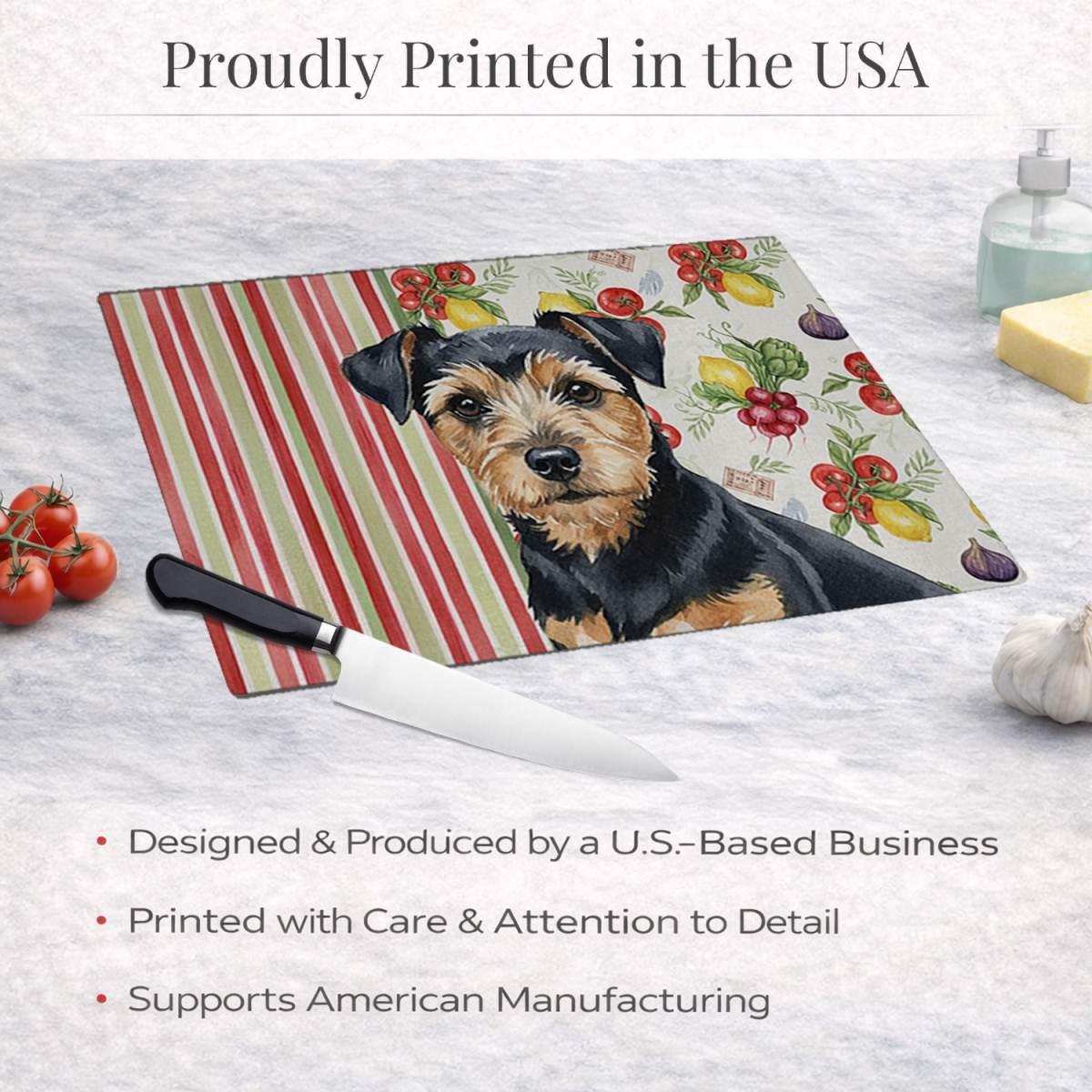 Picture of Carolines Treasures WDK8328LCB 11.25 x 15.25 in. Black & Tan Norfolk Terrier Vegetables Glass Cutting Board