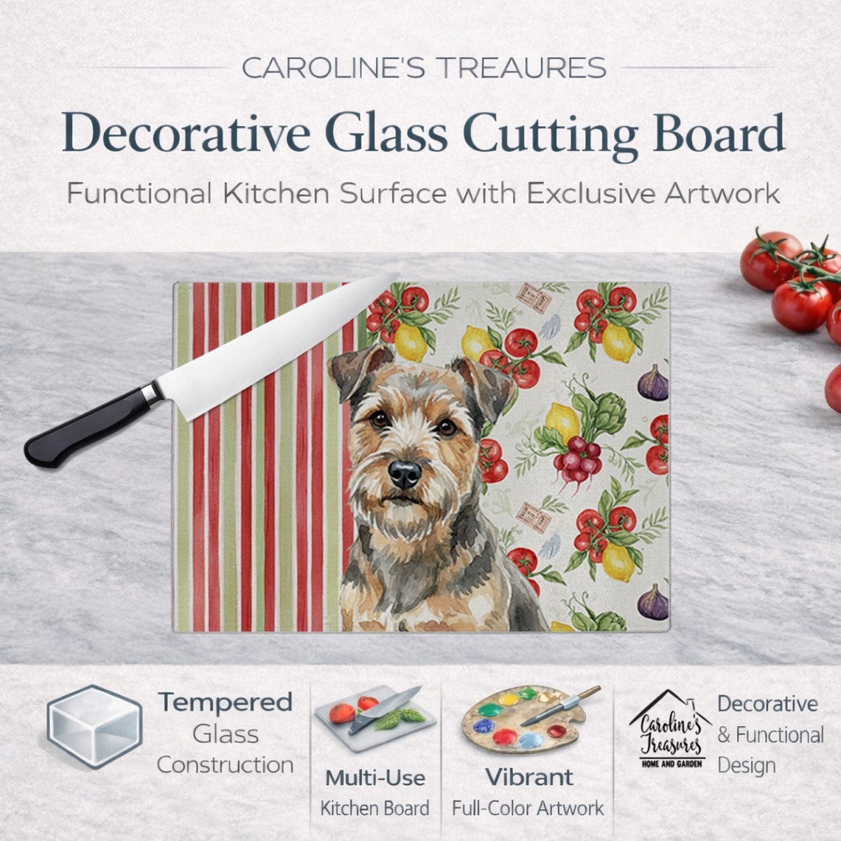 Picture of Carolines Treasures WDK8329LCB 11.25 x 15.25 in. Grizzle & Tan Norfolk Terrier Vegetables Glass Cutting Board