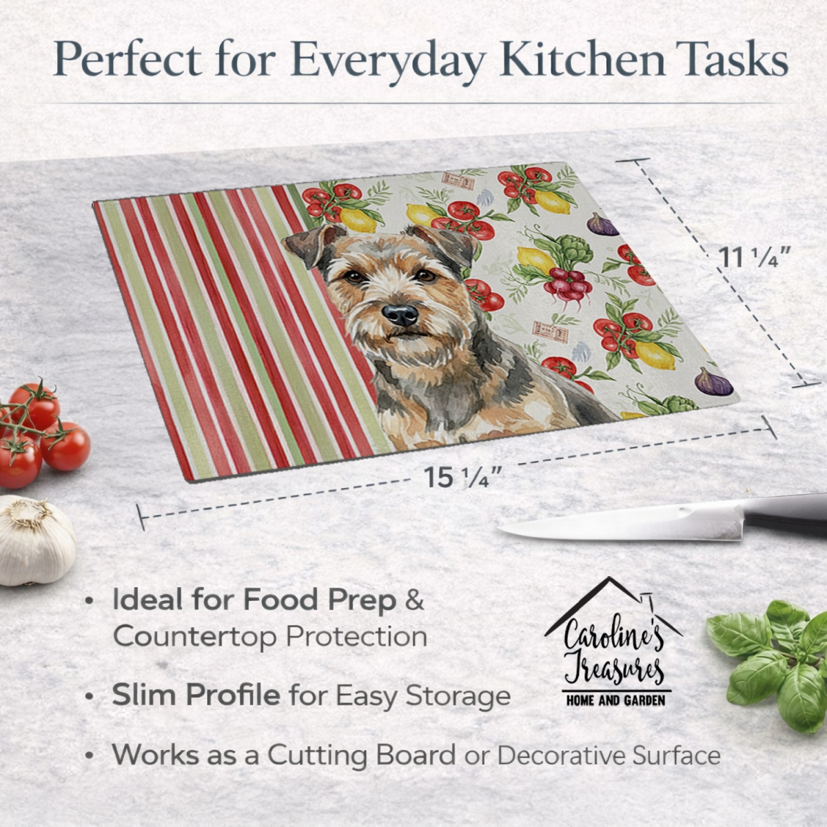 Picture of Carolines Treasures WDK8329LCB 11.25 x 15.25 in. Grizzle & Tan Norfolk Terrier Vegetables Glass Cutting Board