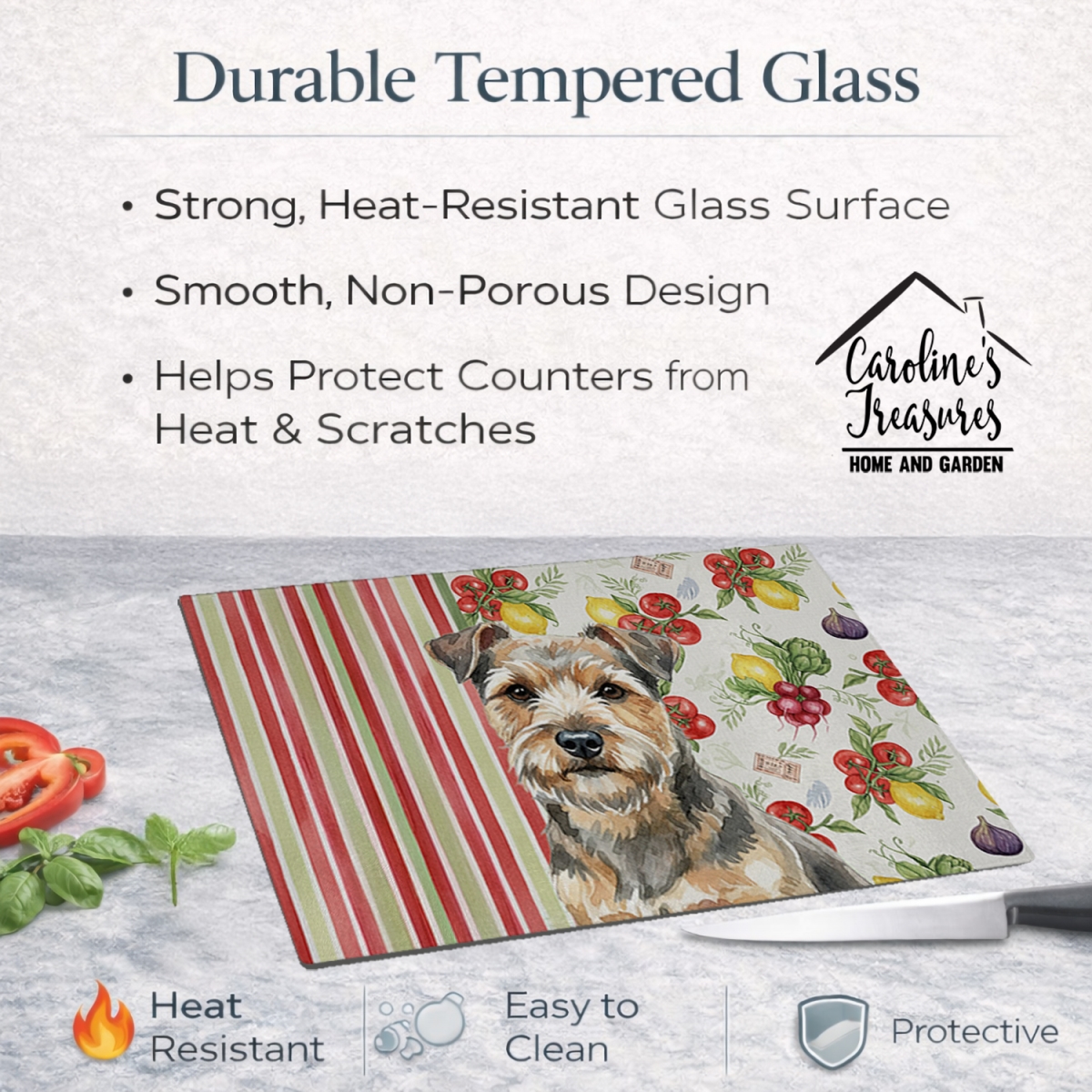 Picture of Carolines Treasures WDK8329LCB 11.25 x 15.25 in. Grizzle & Tan Norfolk Terrier Vegetables Glass Cutting Board