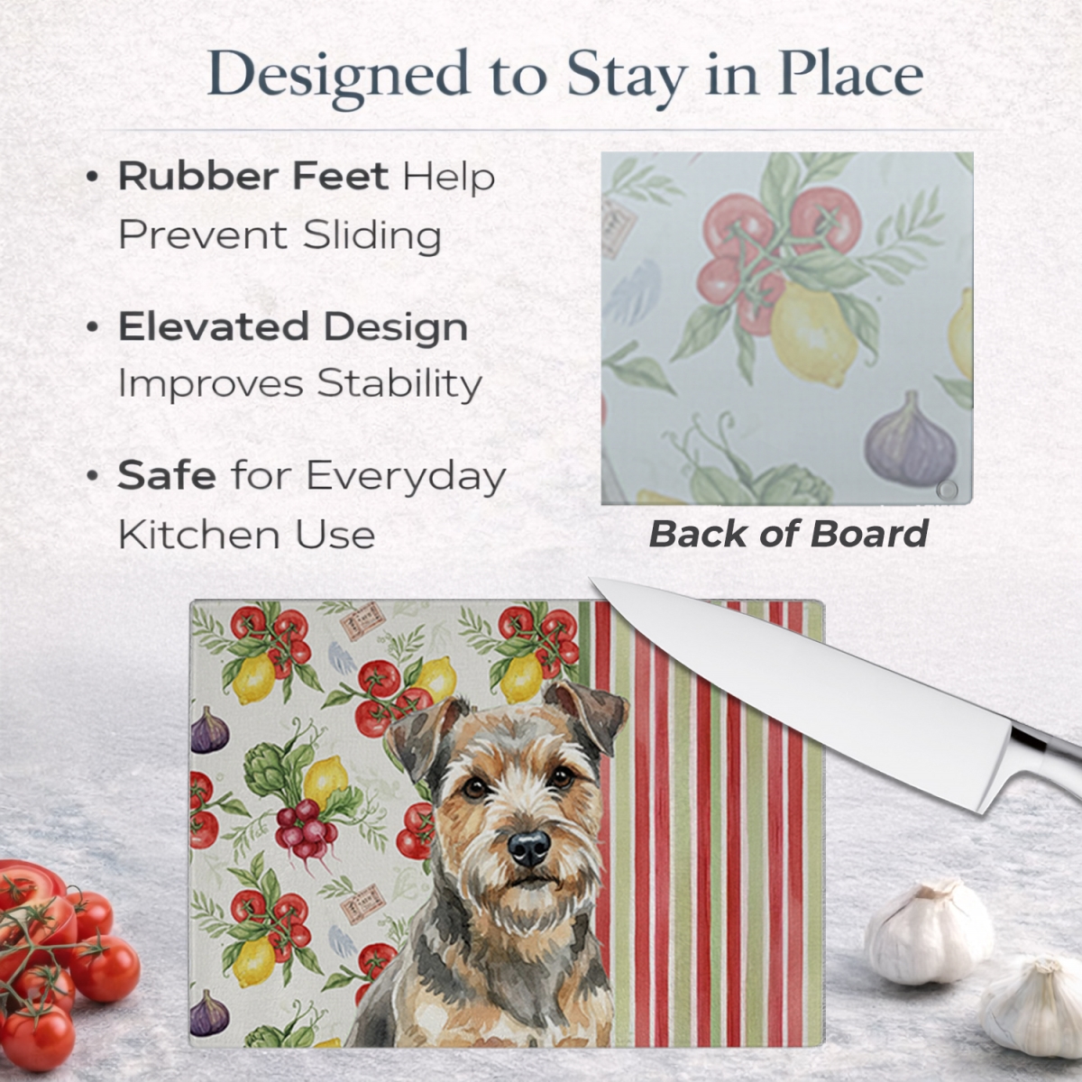 Picture of Carolines Treasures WDK8329LCB 11.25 x 15.25 in. Grizzle & Tan Norfolk Terrier Vegetables Glass Cutting Board