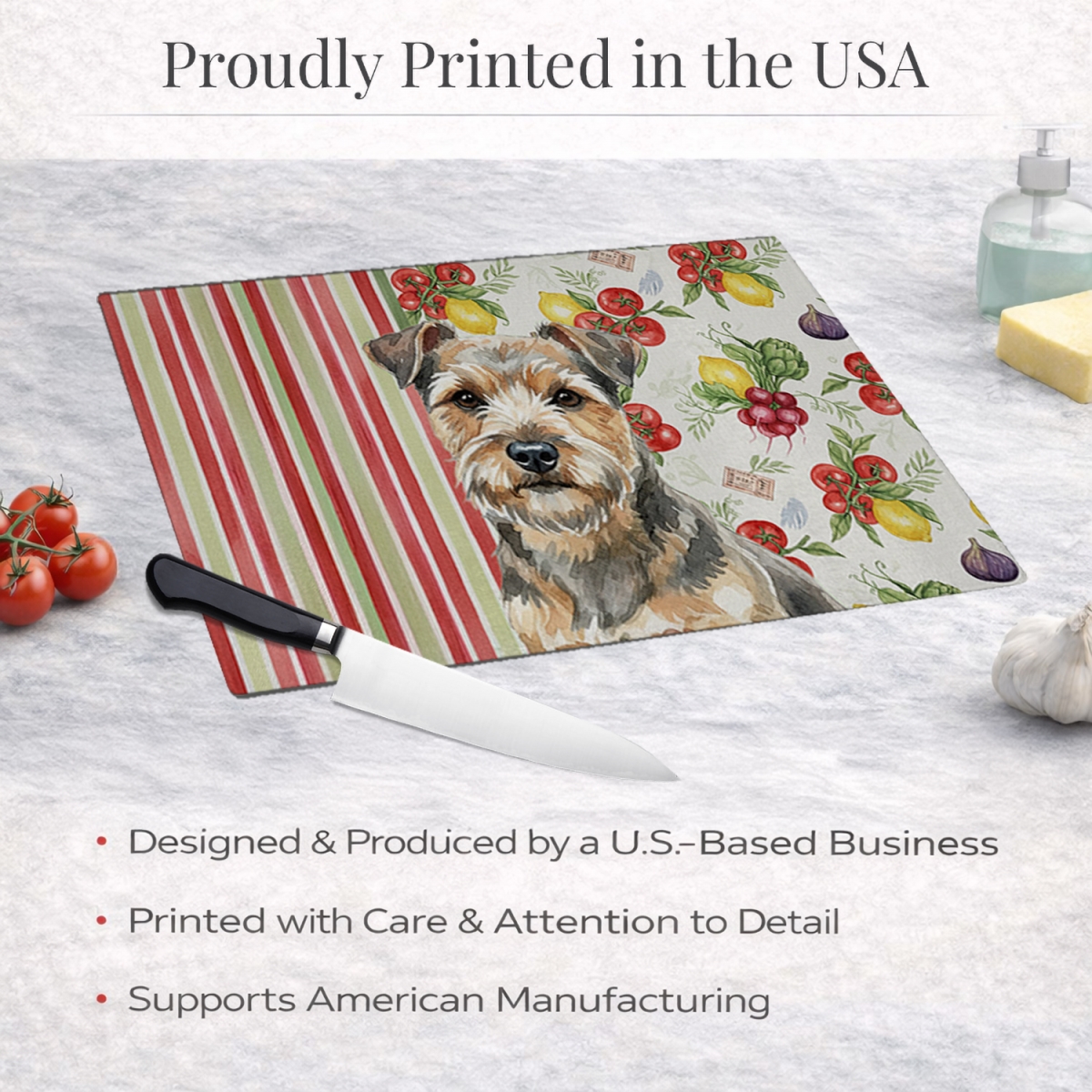 Picture of Carolines Treasures WDK8329LCB 11.25 x 15.25 in. Grizzle & Tan Norfolk Terrier Vegetables Glass Cutting Board
