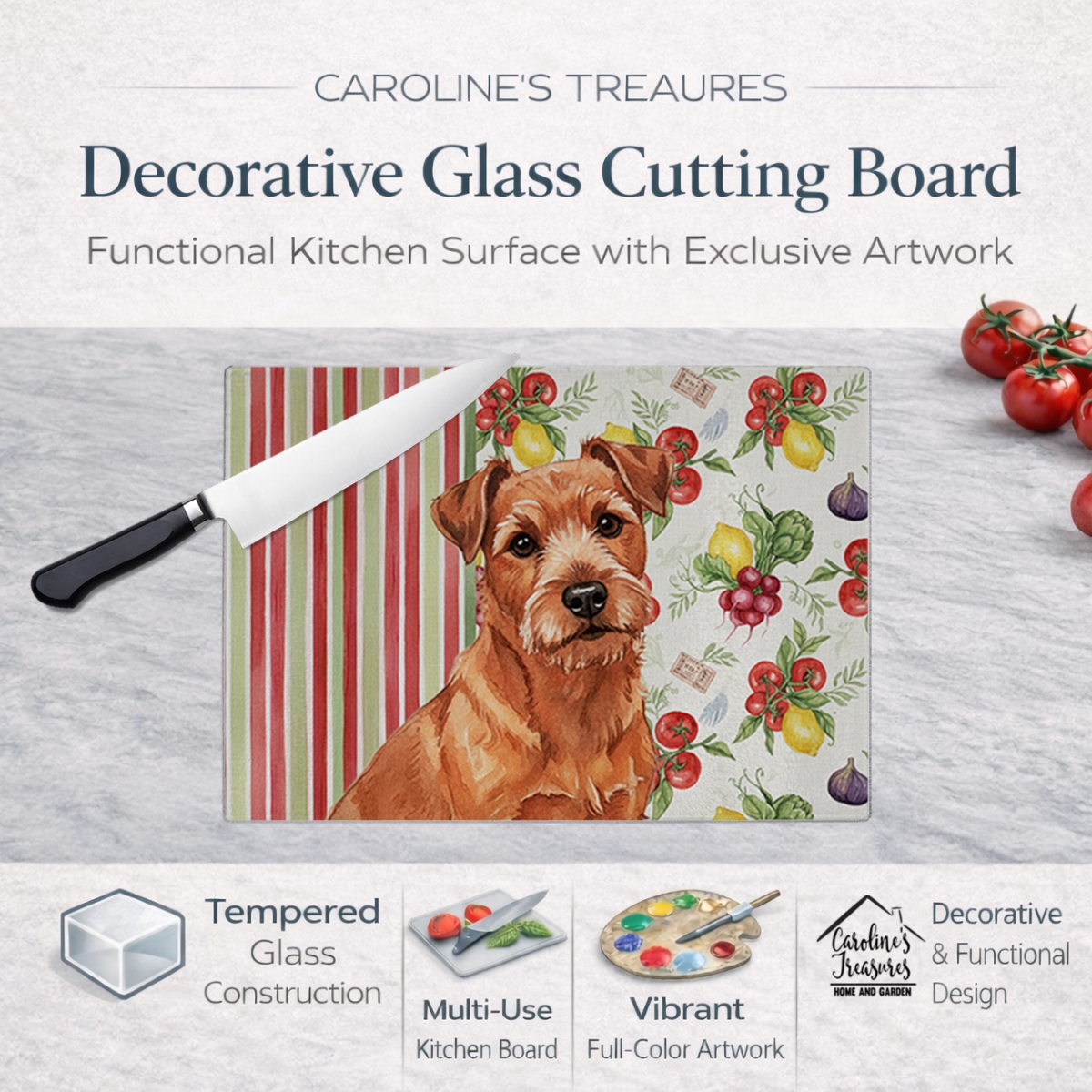 Picture of Carolines Treasures WDK8330LCB 11.25 x 15.25 in. Red Norfolk Terrier Vegetables Glass Cutting Board
