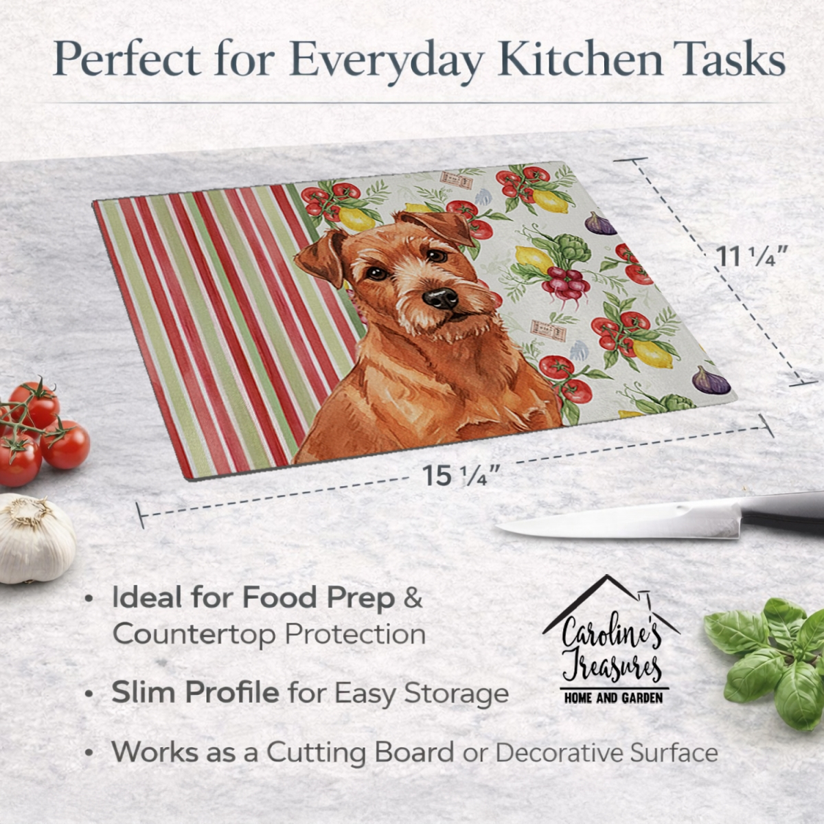 Picture of Carolines Treasures WDK8330LCB 11.25 x 15.25 in. Red Norfolk Terrier Vegetables Glass Cutting Board