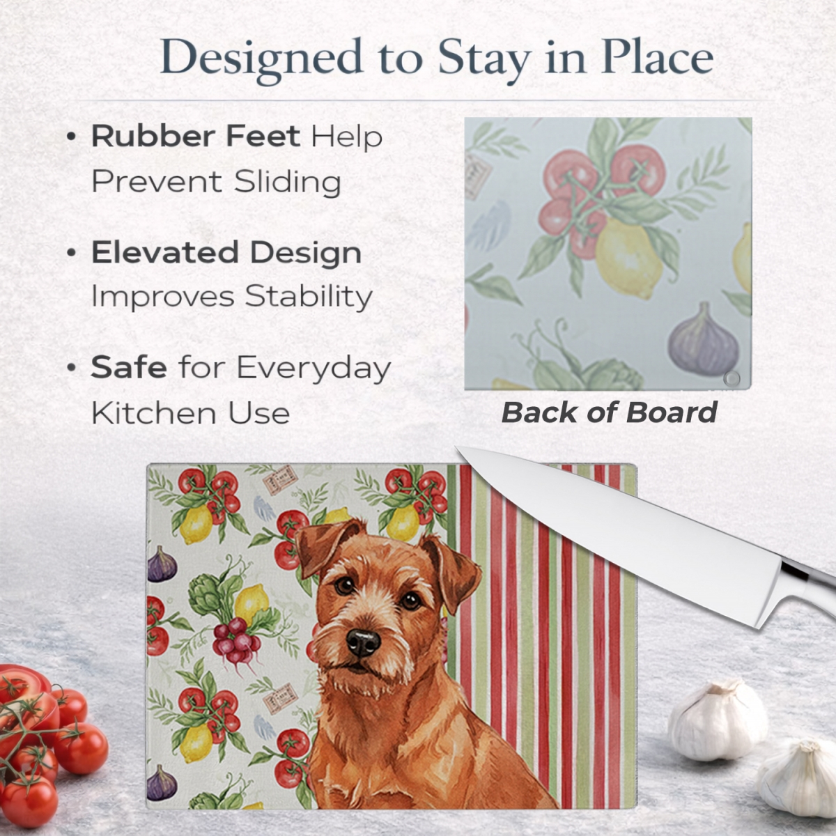 Picture of Carolines Treasures WDK8330LCB 11.25 x 15.25 in. Red Norfolk Terrier Vegetables Glass Cutting Board