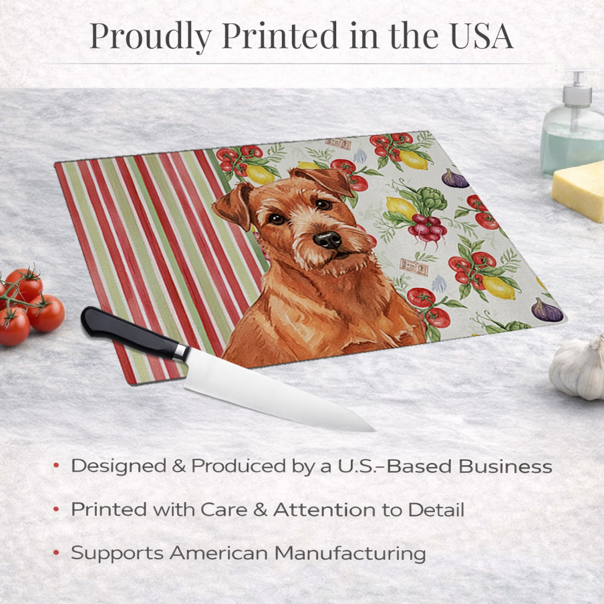 Picture of Carolines Treasures WDK8330LCB 11.25 x 15.25 in. Red Norfolk Terrier Vegetables Glass Cutting Board