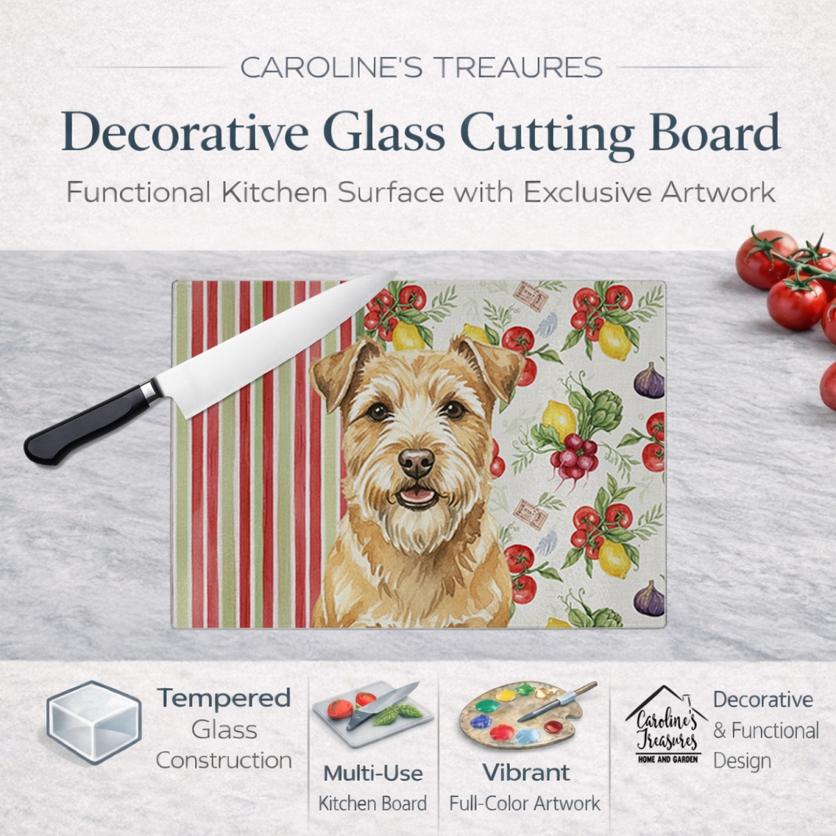 Picture of Carolines Treasures WDK8331LCB 11.25 x 15.25 in. Wheaten Norfolk Terrier Vegetables Glass Cutting Board