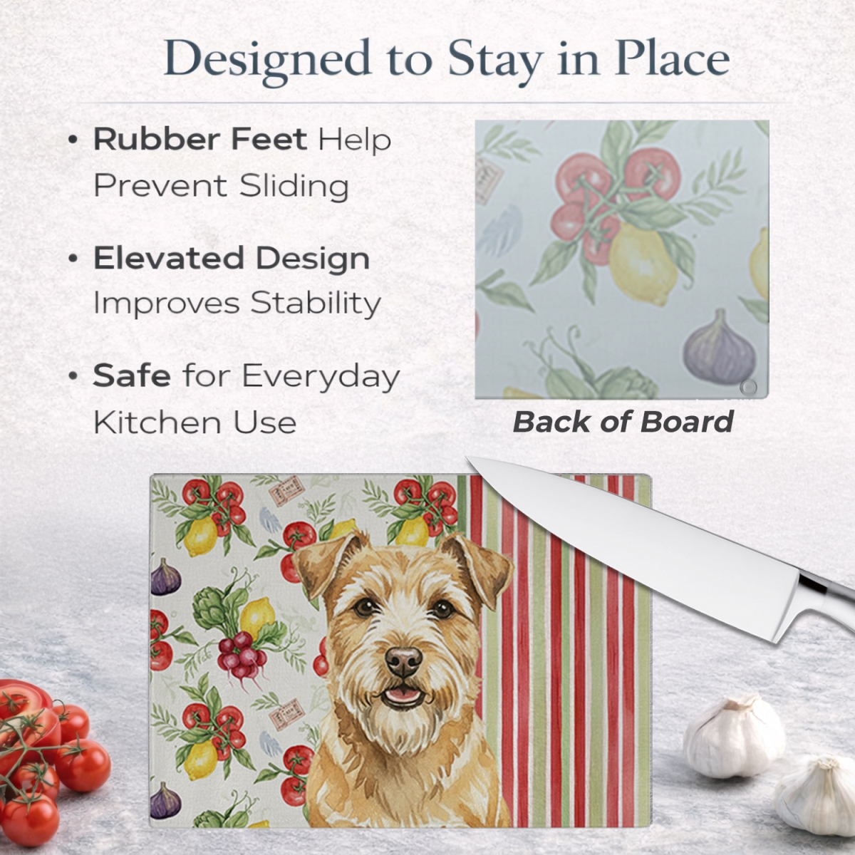 Picture of Carolines Treasures WDK8331LCB 11.25 x 15.25 in. Wheaten Norfolk Terrier Vegetables Glass Cutting Board