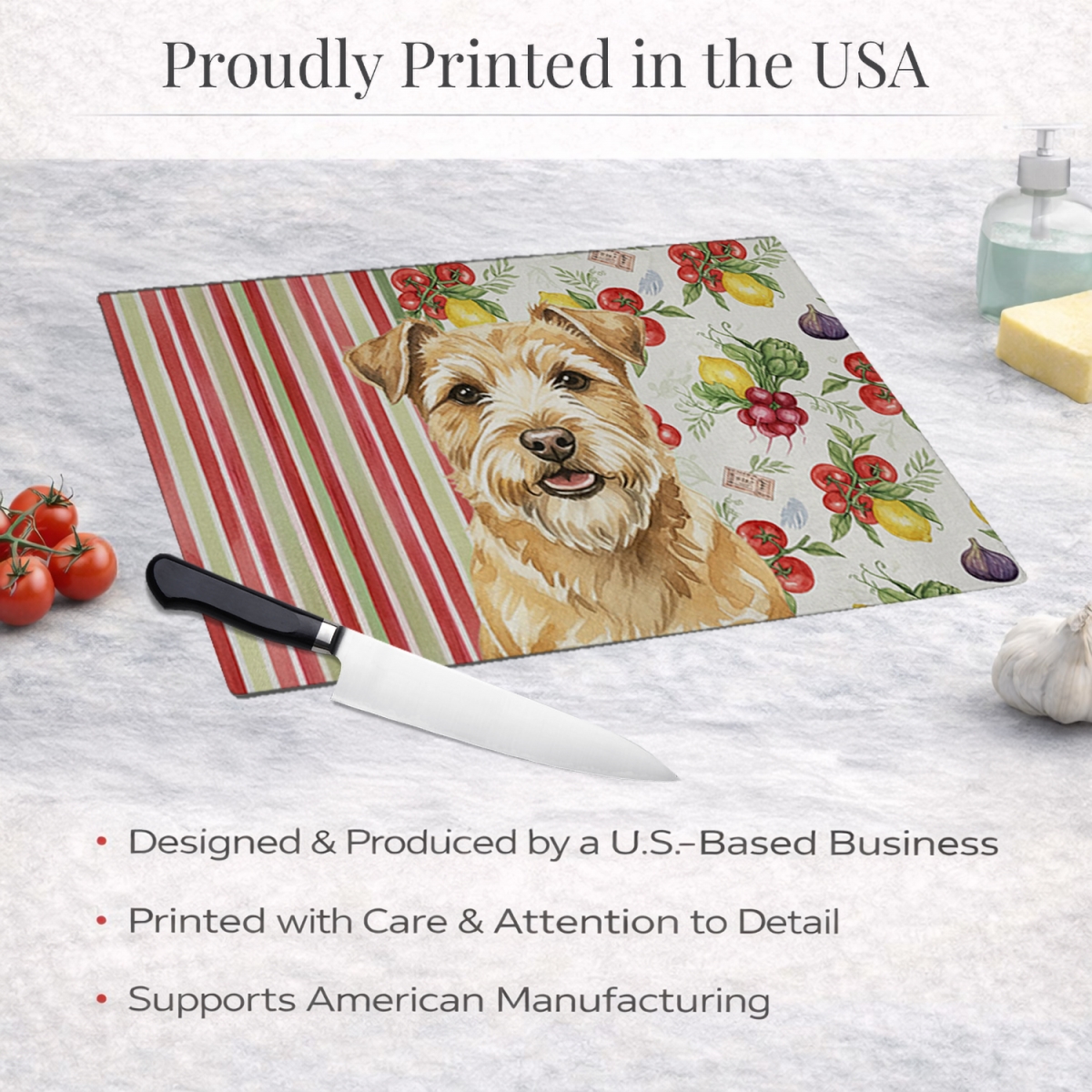 Picture of Carolines Treasures WDK8331LCB 11.25 x 15.25 in. Wheaten Norfolk Terrier Vegetables Glass Cutting Board