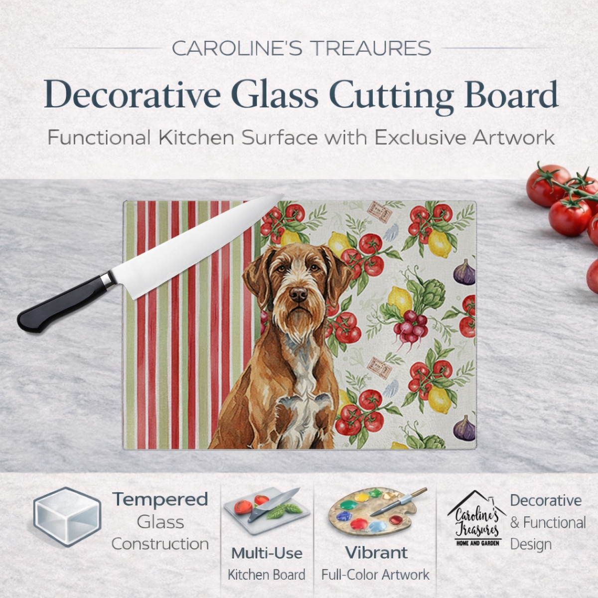 Picture of Carolines Treasures WDK8458LCB 11.25 x 15.25 in. Wirehaired Pointing Griffon Vegetables Glass Cutting Board