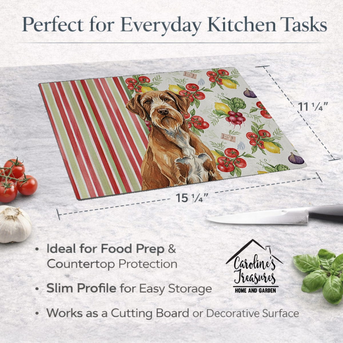 Picture of Carolines Treasures WDK8458LCB 11.25 x 15.25 in. Wirehaired Pointing Griffon Vegetables Glass Cutting Board