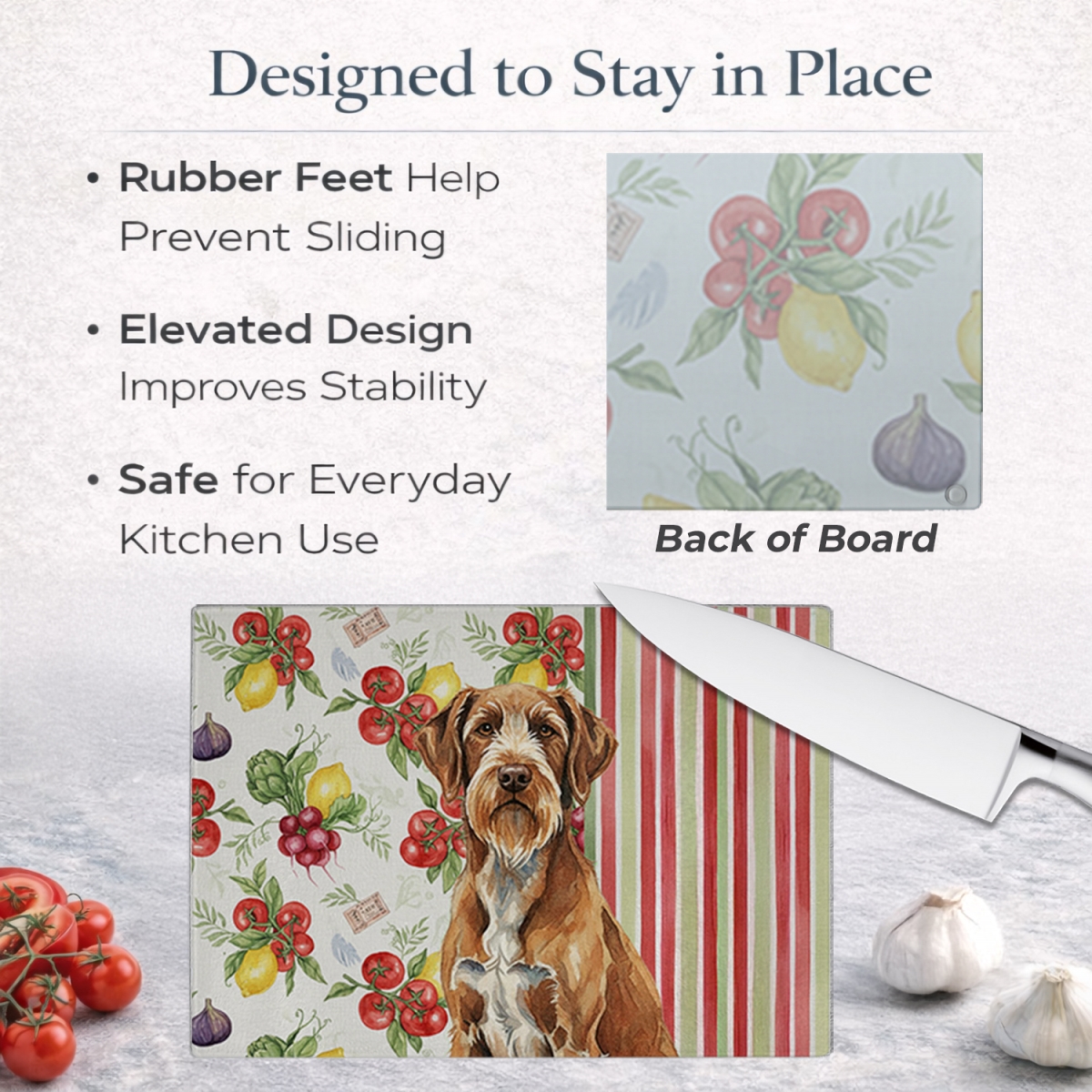 Picture of Carolines Treasures WDK8458LCB 11.25 x 15.25 in. Wirehaired Pointing Griffon Vegetables Glass Cutting Board