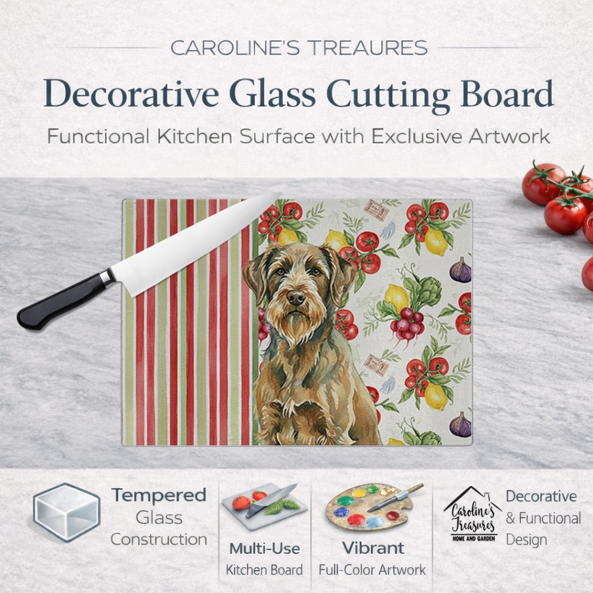 Picture of Carolines Treasures WDK8459LCB 11.25 x 15.25 in. Chestnut Wirehaired Pointing Griffon Vegetables Glass Cutting Board