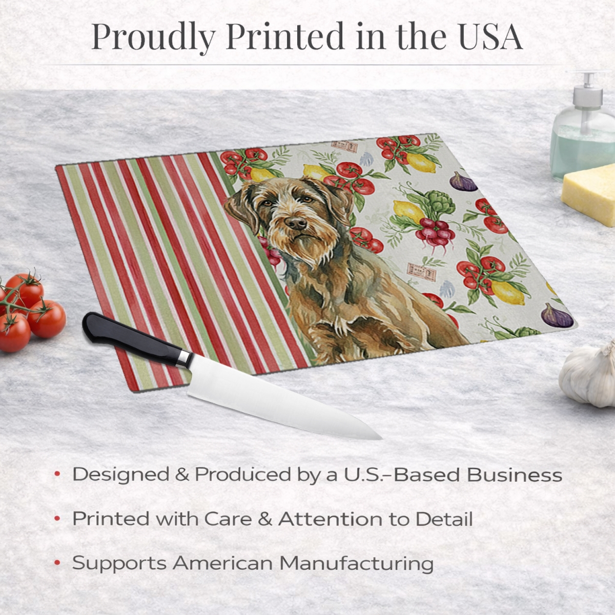 Picture of Carolines Treasures WDK8459LCB 11.25 x 15.25 in. Chestnut Wirehaired Pointing Griffon Vegetables Glass Cutting Board