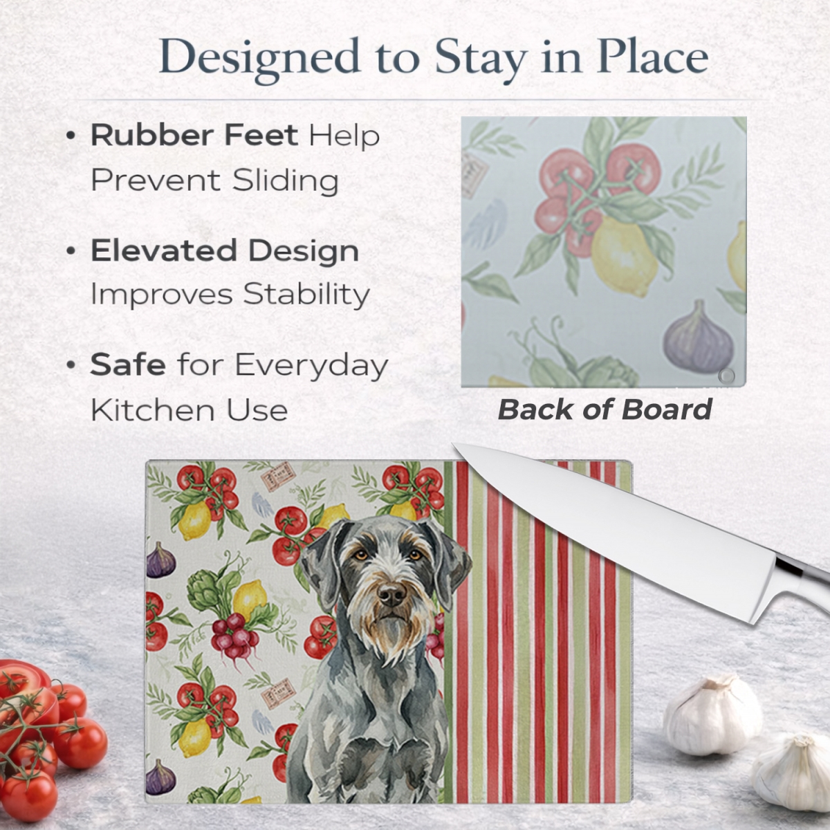 Picture of Carolines Treasures WDK8460LCB 11.25 x 15.25 in. Steel Gray Wirehaired Pointing Griffon Vegetables Glass Cutting Board