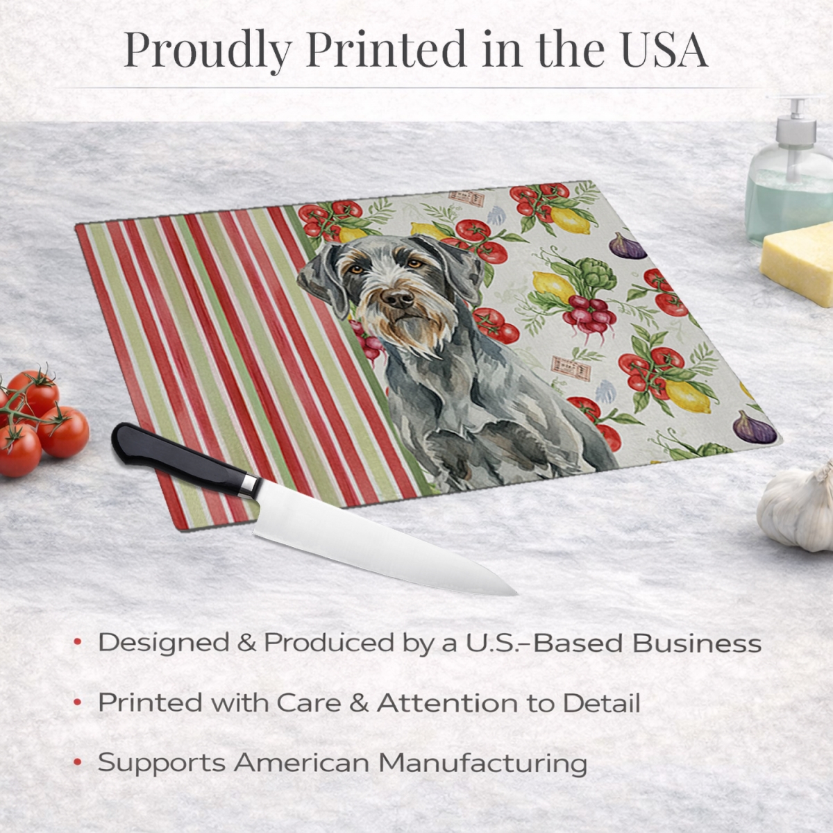 Picture of Carolines Treasures WDK8460LCB 11.25 x 15.25 in. Steel Gray Wirehaired Pointing Griffon Vegetables Glass Cutting Board