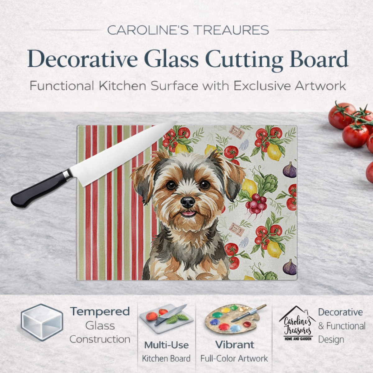 Picture of Carolines Treasures WDK8462LCB 11.25 x 15.25 in. Yorkiepoo Vegetables Glass Cutting Board