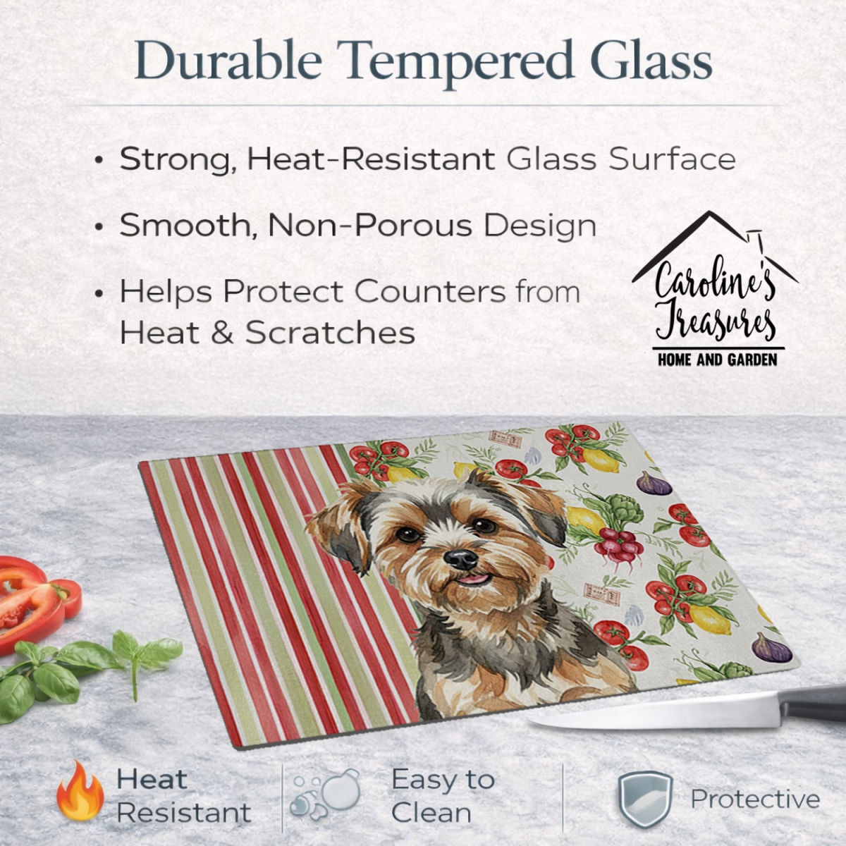 Picture of Carolines Treasures WDK8462LCB 11.25 x 15.25 in. Yorkiepoo Vegetables Glass Cutting Board