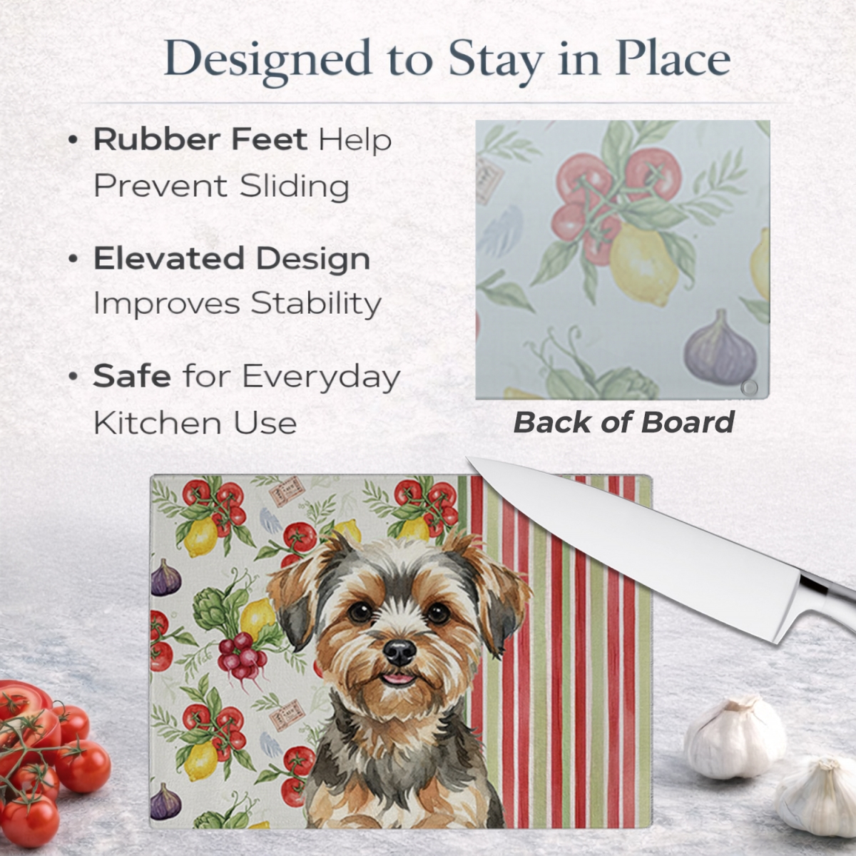 Picture of Carolines Treasures WDK8462LCB 11.25 x 15.25 in. Yorkiepoo Vegetables Glass Cutting Board